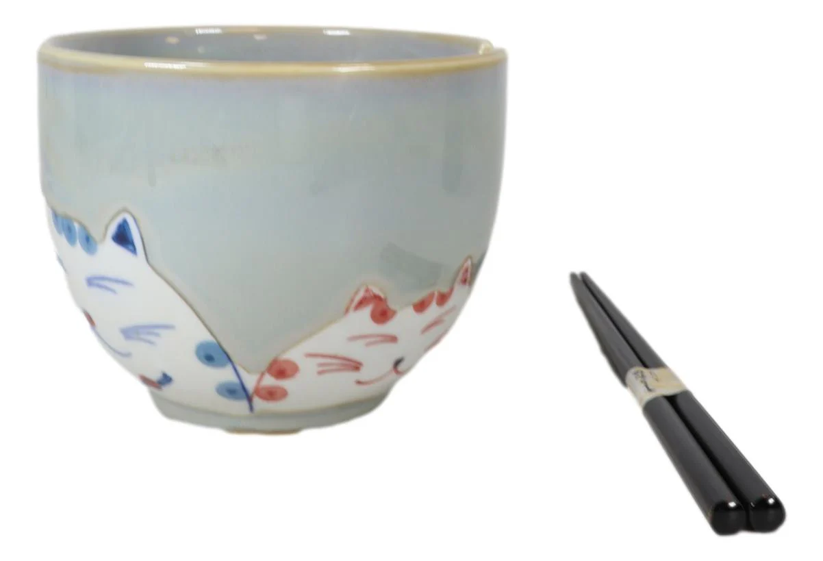 Twin Lucky Cats Japanese Maneki Neko Ceramic Ramen Soup Bowl With Chopsticks Set - Image 6