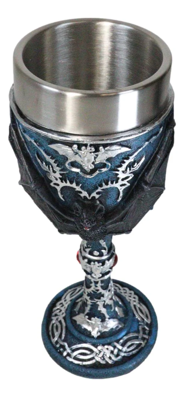 Vampire Flying Bat Blue With Silver Knotwork Scroll Patterns Wine Goblet Chalice - Image 4