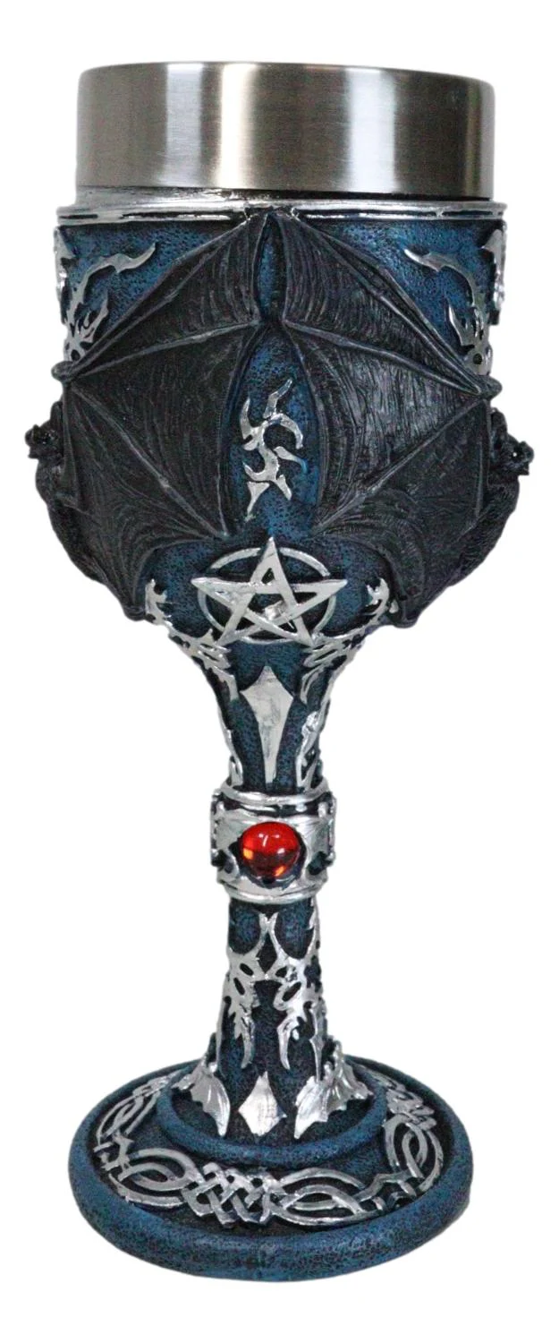 Vampire Flying Bat Blue With Silver Knotwork Scroll Patterns Wine Goblet Chalice - Image 5
