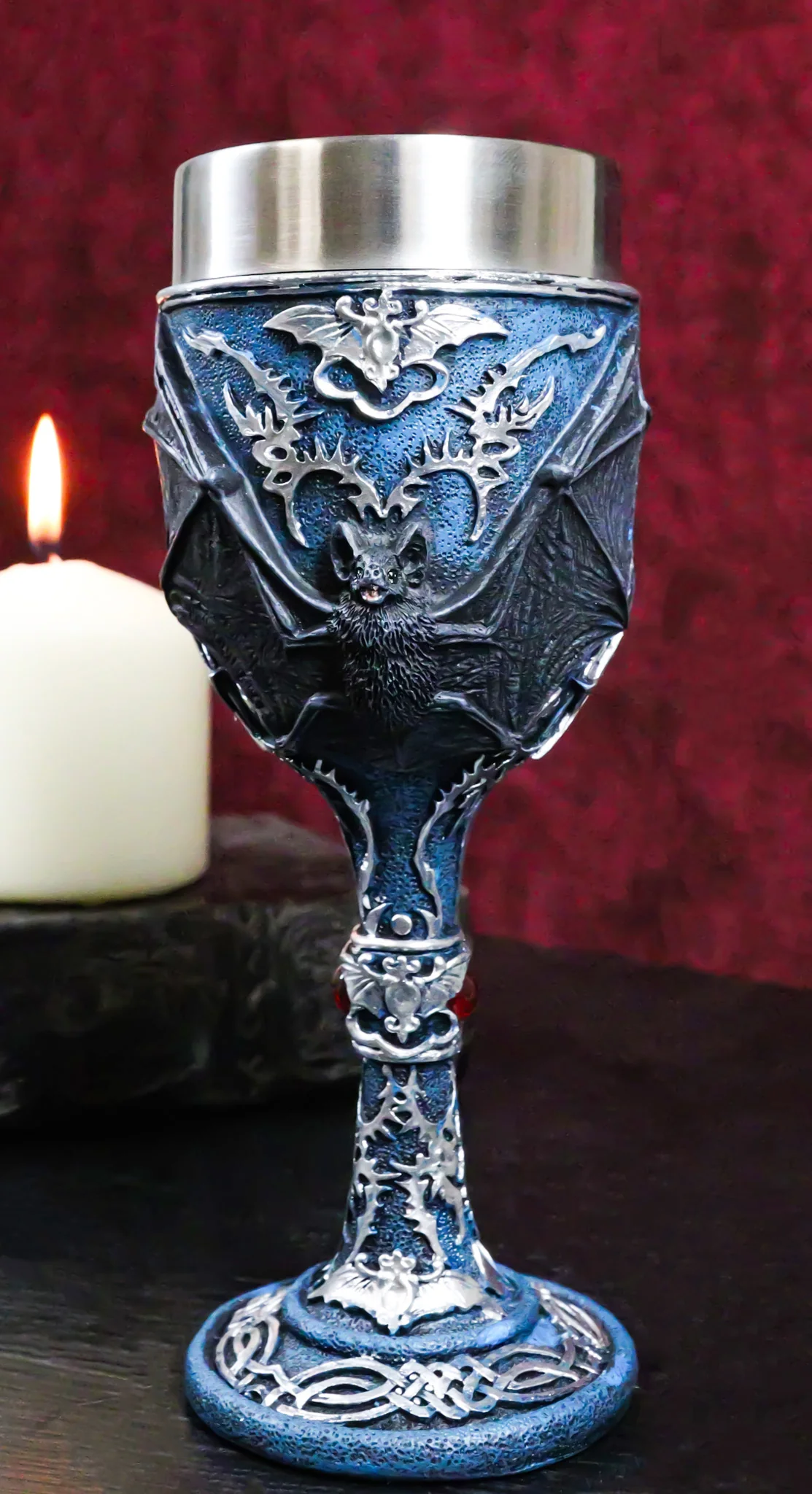 Vampire Flying Bat Blue With Silver Knotwork Scroll Patterns Wine Goblet Chalice - Image 8