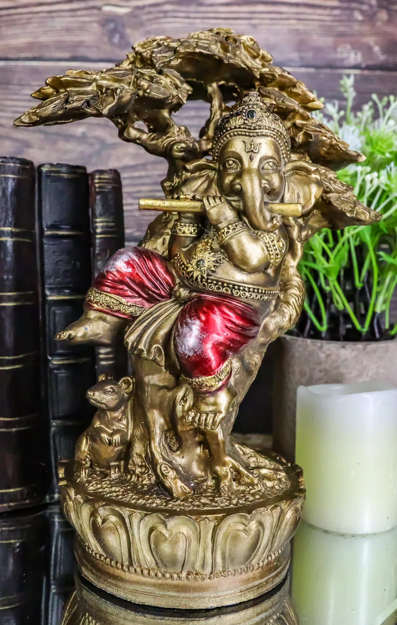Vastu Hindu God Ganesha Ganapati Playing Flute On Tree Of Life By Mouse Figurine
