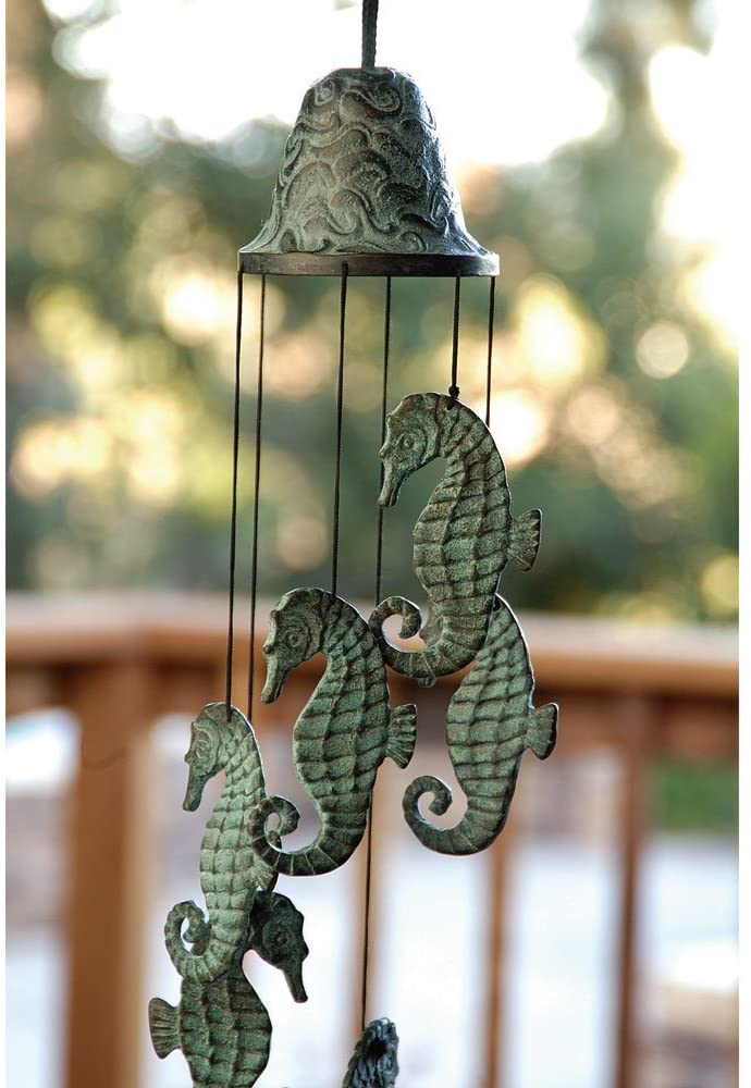 Verdigris Distressed Brass Metal Nautical Bell With Marine Seahorses Wind Chime - Image 11