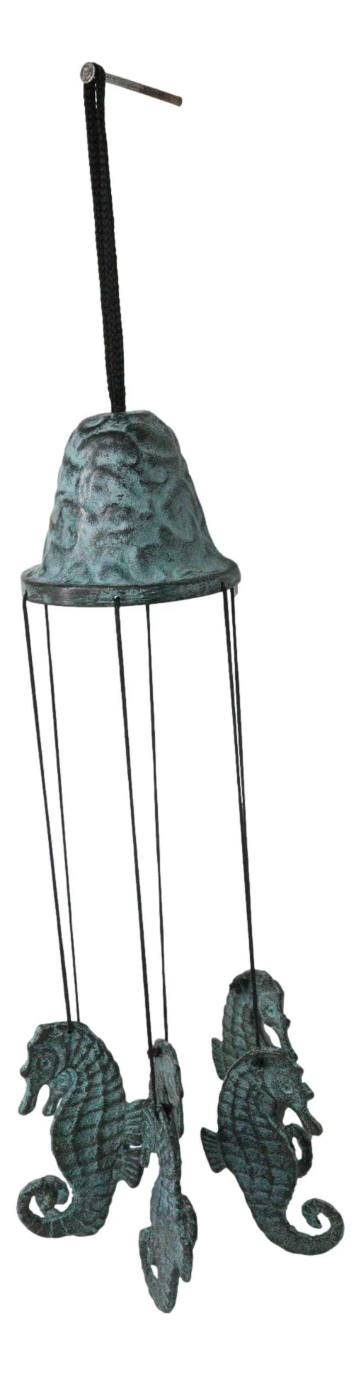 Verdigris Distressed Brass Metal Nautical Bell With Marine Seahorses Wind Chime - Image 3