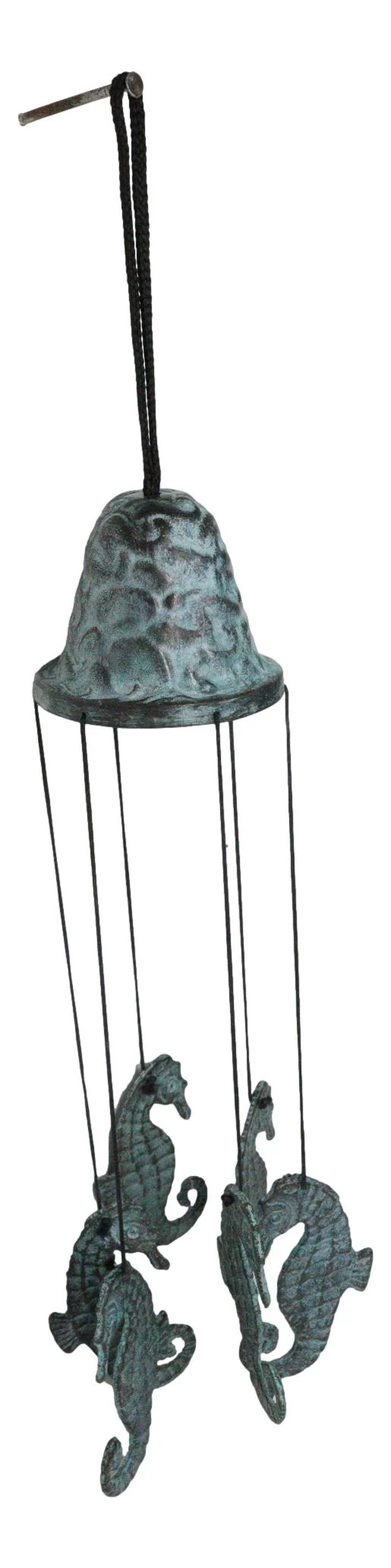 Verdigris Distressed Brass Metal Nautical Bell With Marine Seahorses Wind Chime - Image 6