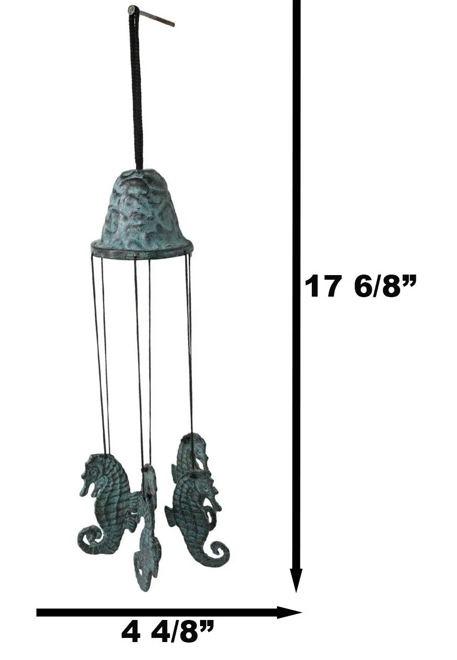 Verdigris Distressed Brass Metal Nautical Bell With Marine Seahorses Wind Chime - Image 8