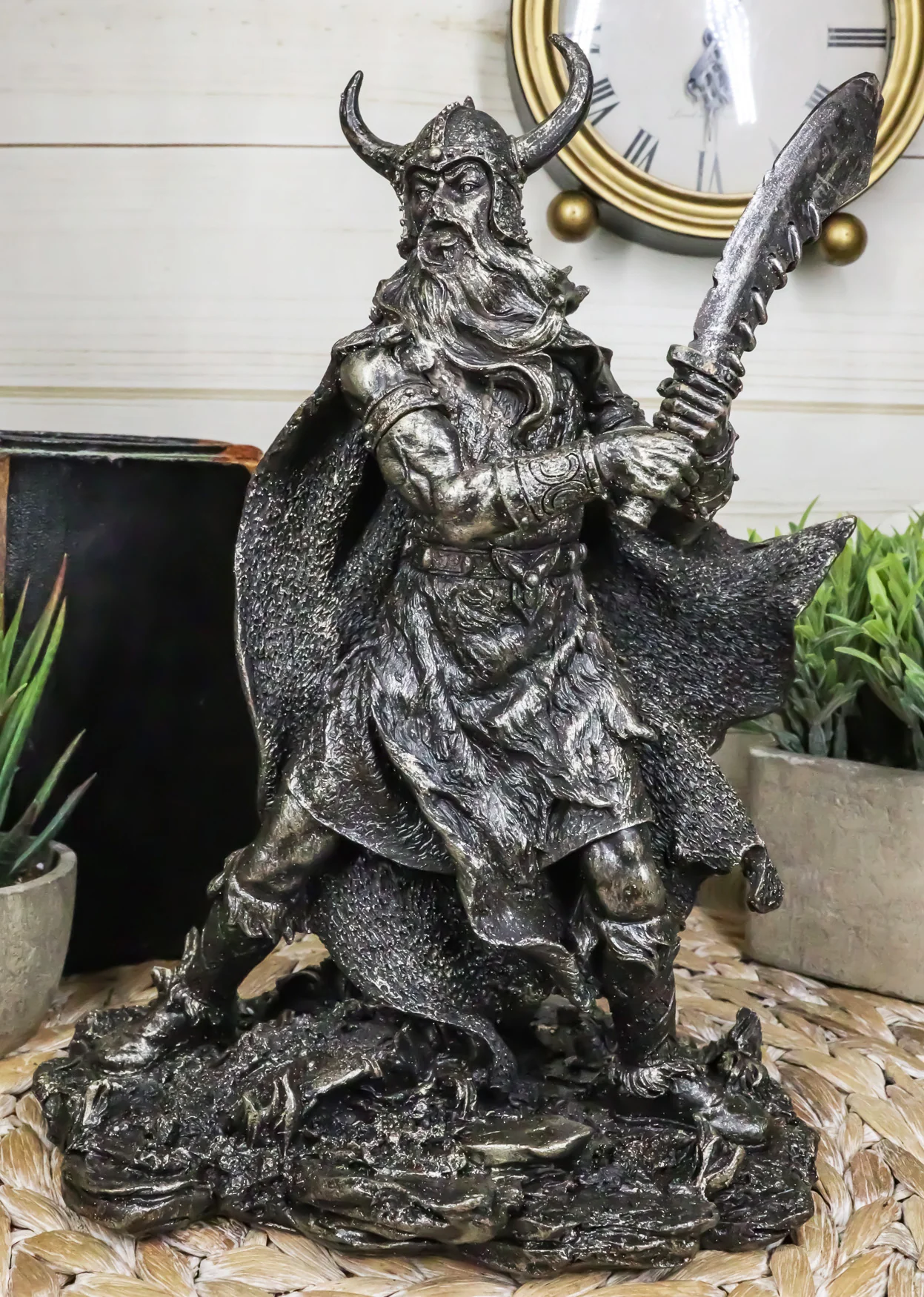 Viking Berserker Warrior With Bull Horn Helmet Wielding Sword Statue 10"H - Image 8