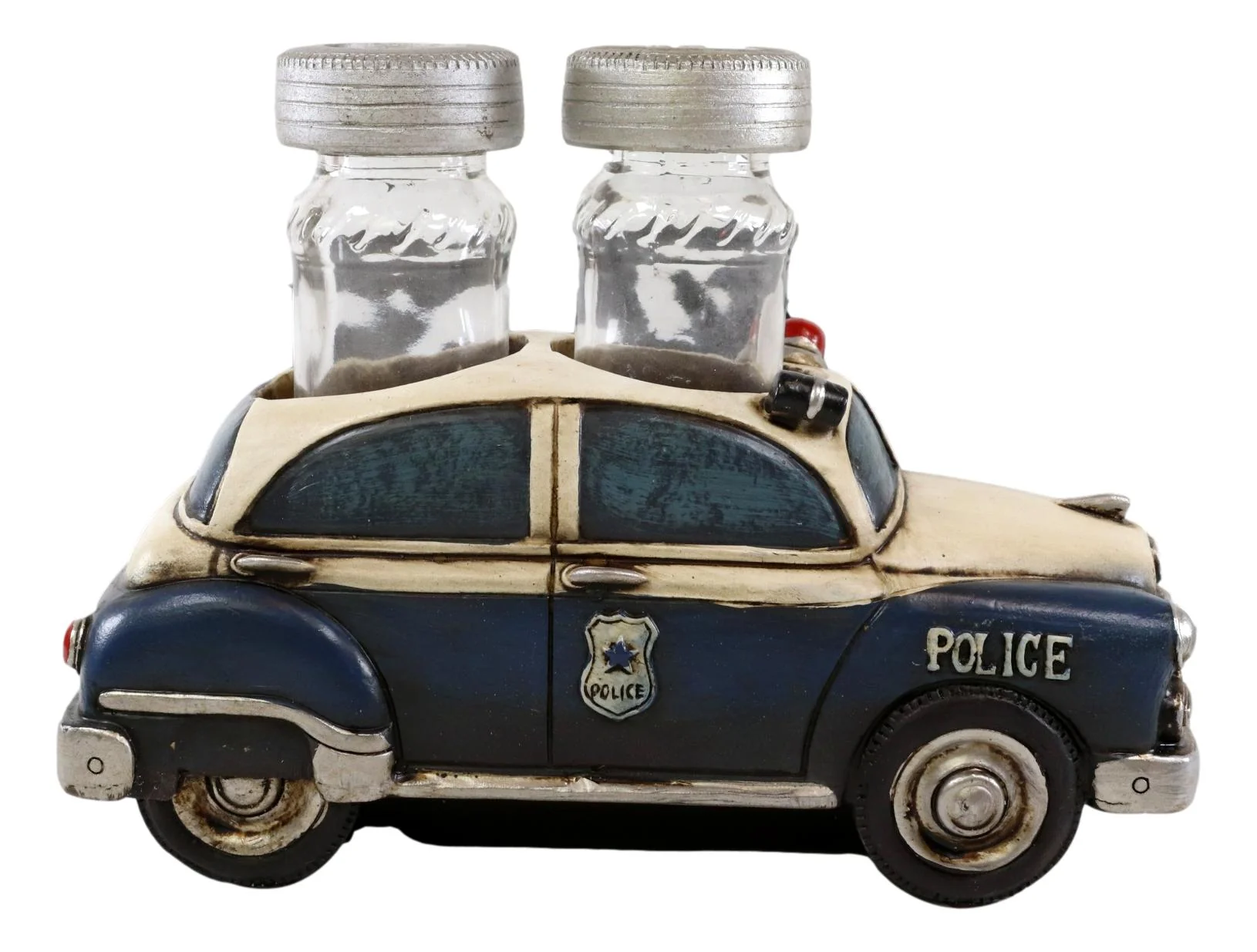 Vintage Blue Police Patrol Car Figurine Holder And Salt Pepper Shakers Set - Image 3