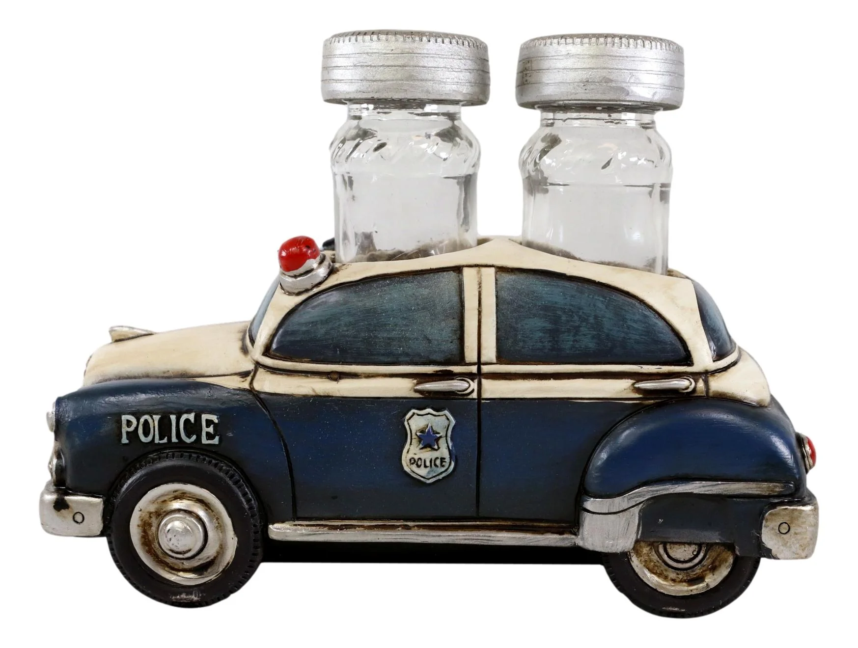 Vintage Blue Police Patrol Car Figurine Holder And Salt Pepper Shakers Set - Image 5