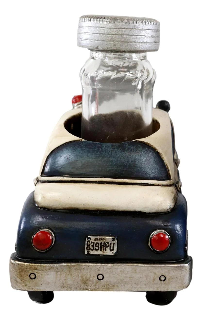 Vintage Blue Police Patrol Car Figurine Holder And Salt Pepper Shakers Set - Image 6