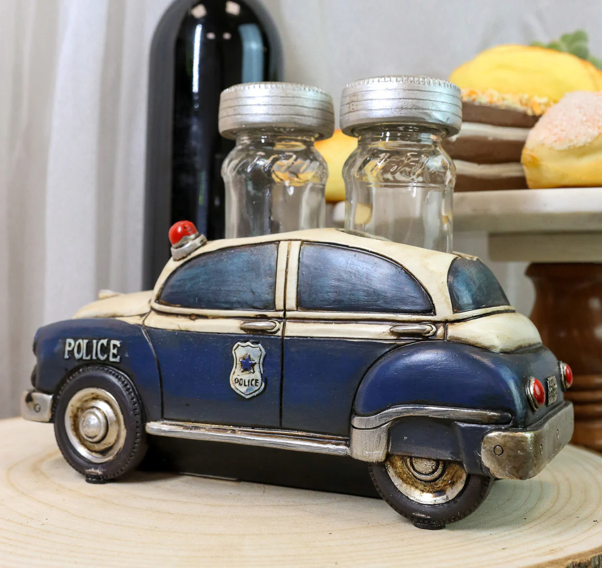 Vintage Blue Police Patrol Car Figurine Holder And Salt Pepper Shakers Set - Image 7