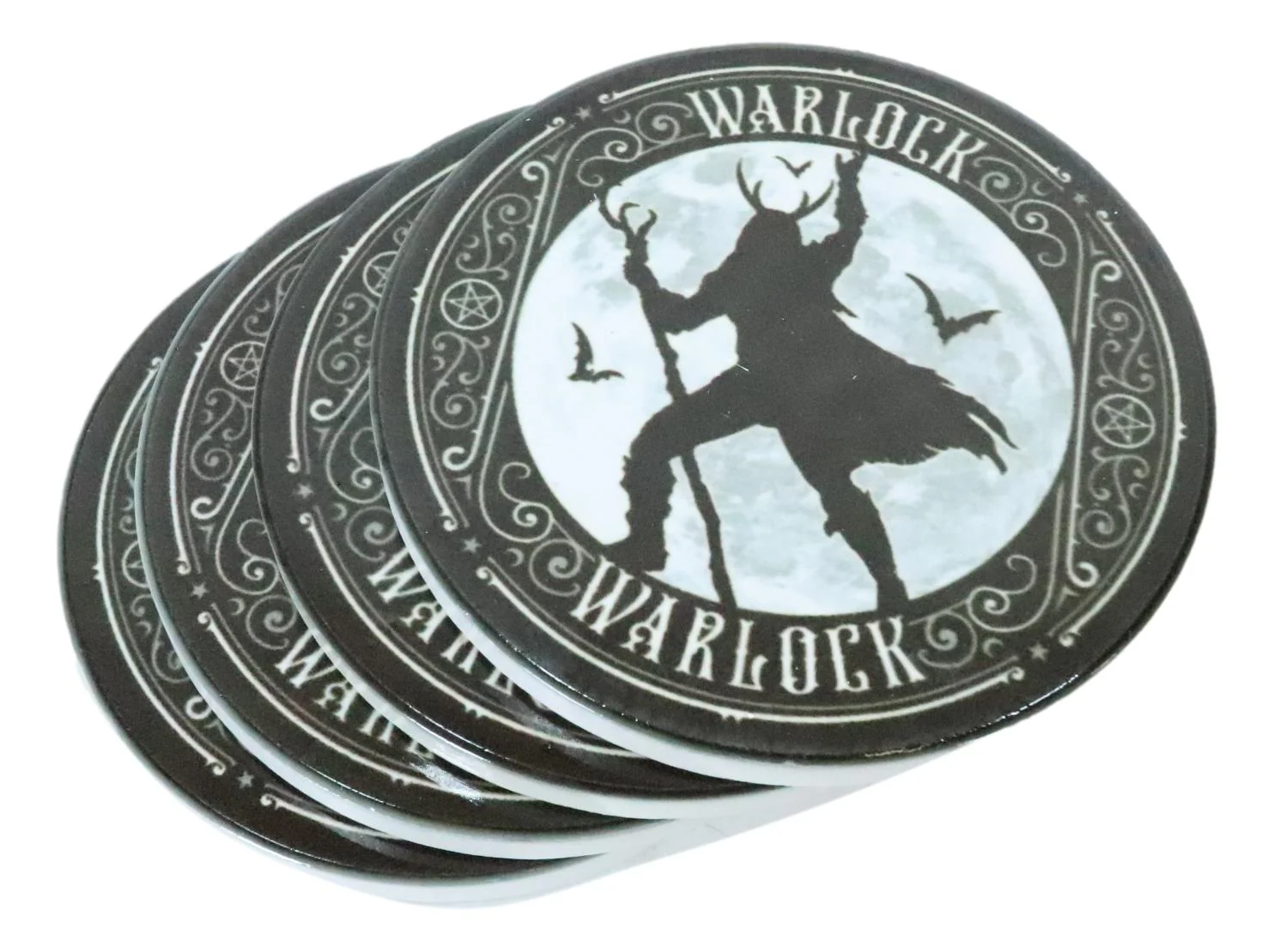 Warlock With Full Moon And Bats Ceramic Coaster Set of 4 Tiles With Cork Backs - Image 3