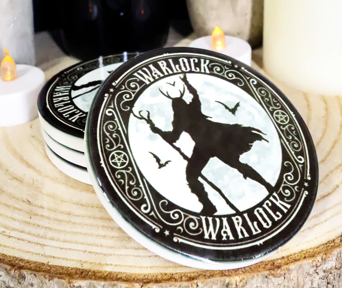 Warlock With Full Moon And Bats Ceramic Coaster Set of 4 Tiles With Cork Backs - Image 4