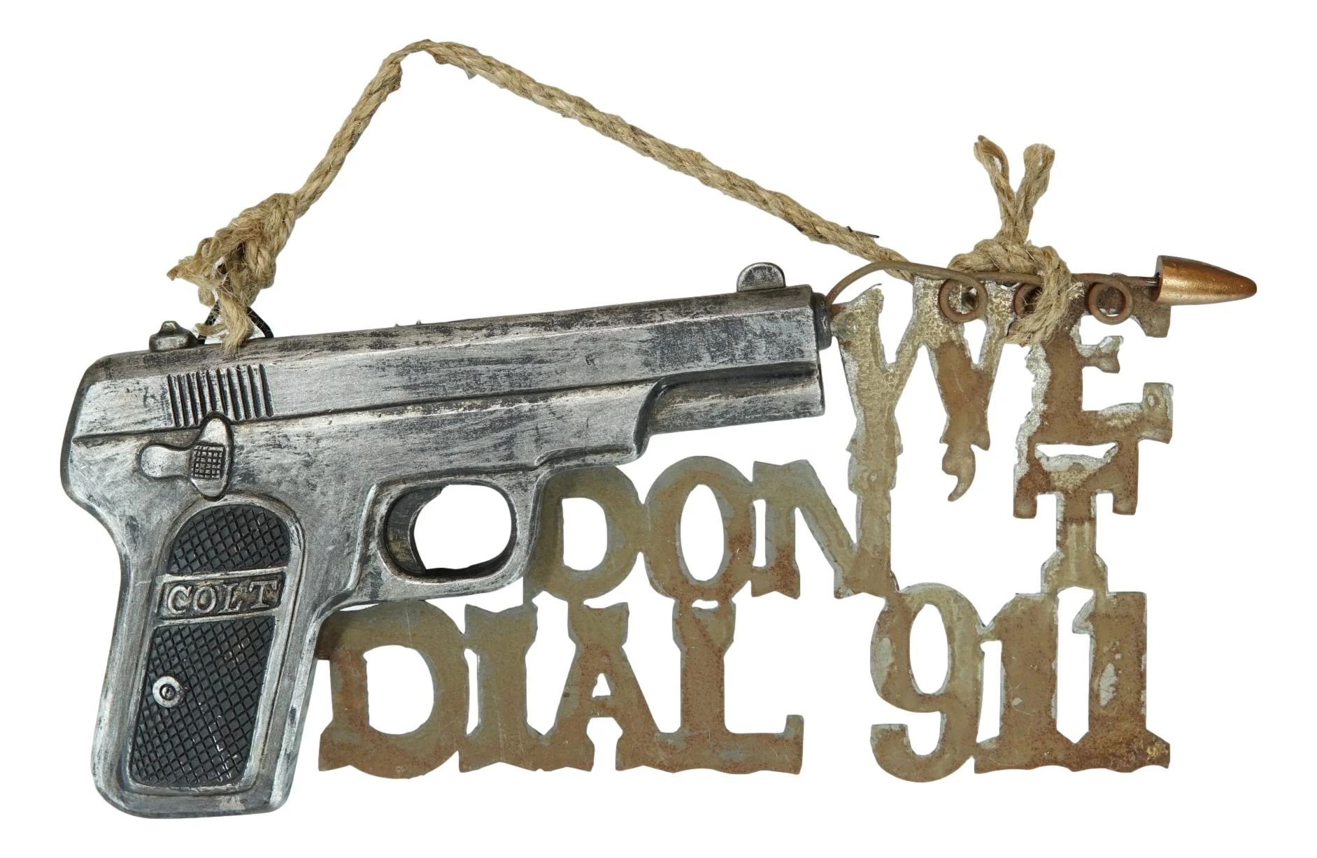 'We Don't Dial 911' Wild West Sculptural Hand Gun with Bullet Wall Word Art Sign - Image 3
