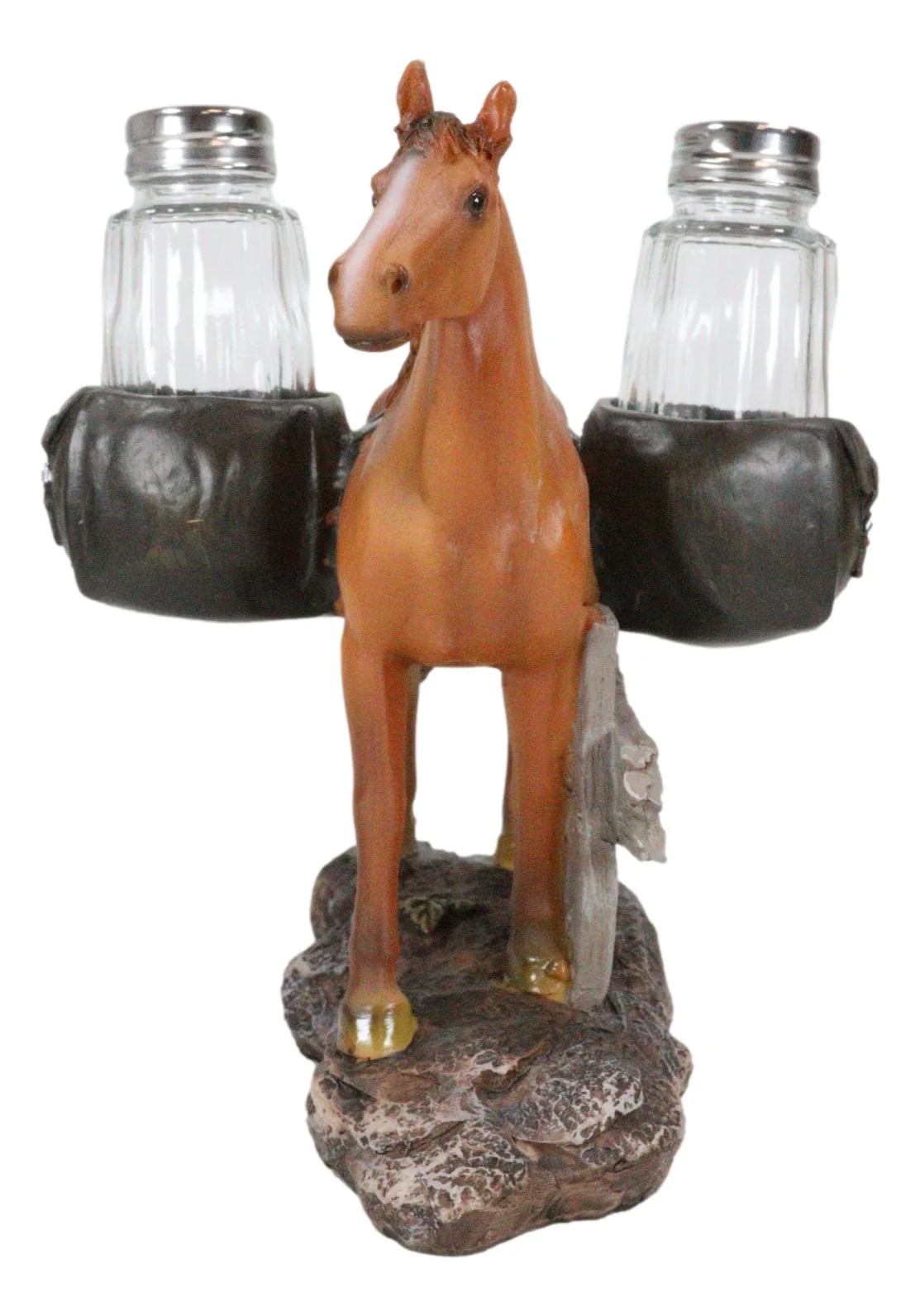 Western Brown Stallion Horse With Saddlebags Salt Pepper Shakers Holder Figurine - Image 3
