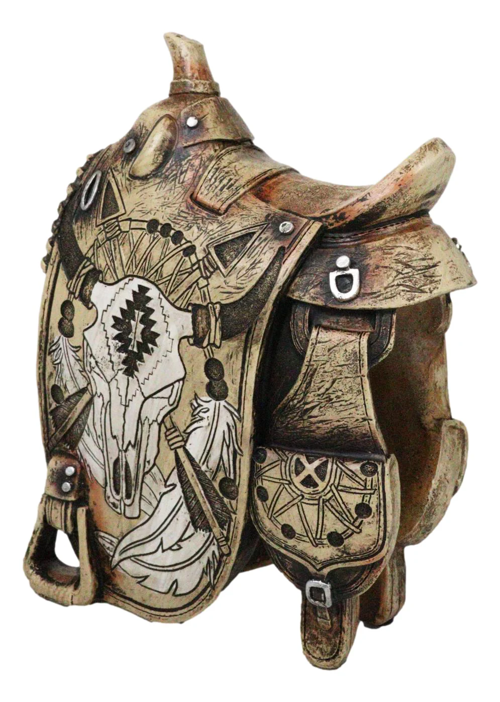 Western Country Cowboy Navajo Tribal Indian Cow Skull Horse Saddle Figurine - Image 3