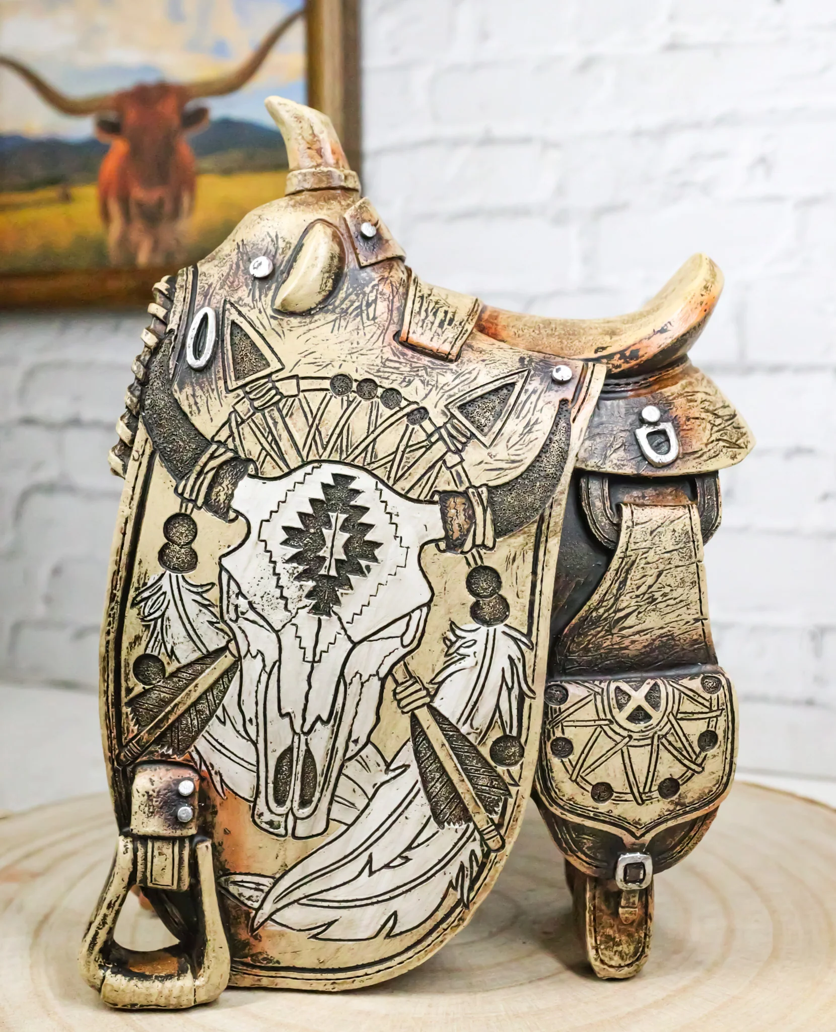 Western Country Cowboy Navajo Tribal Indian Cow Skull Horse Saddle Figurine - Image 9