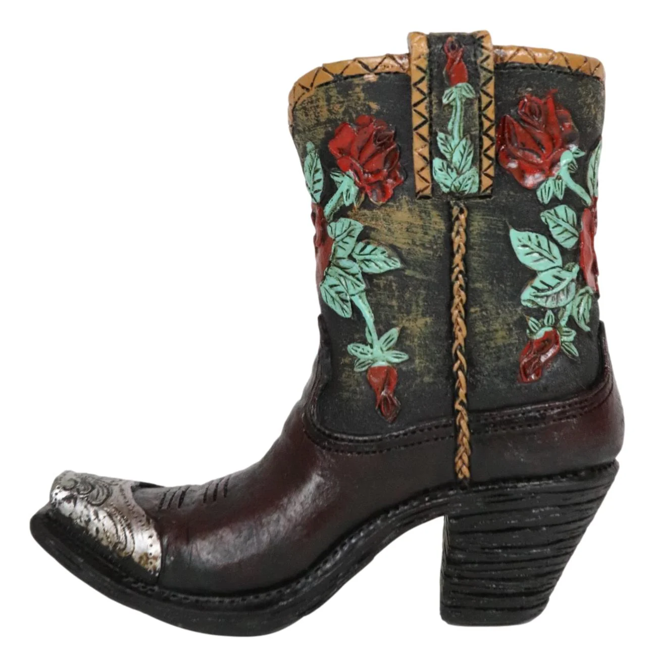 Western Cowboy Cowgirl Floral Red Roses Tooled Leather Boot Pen Holder Figurine - Image 2