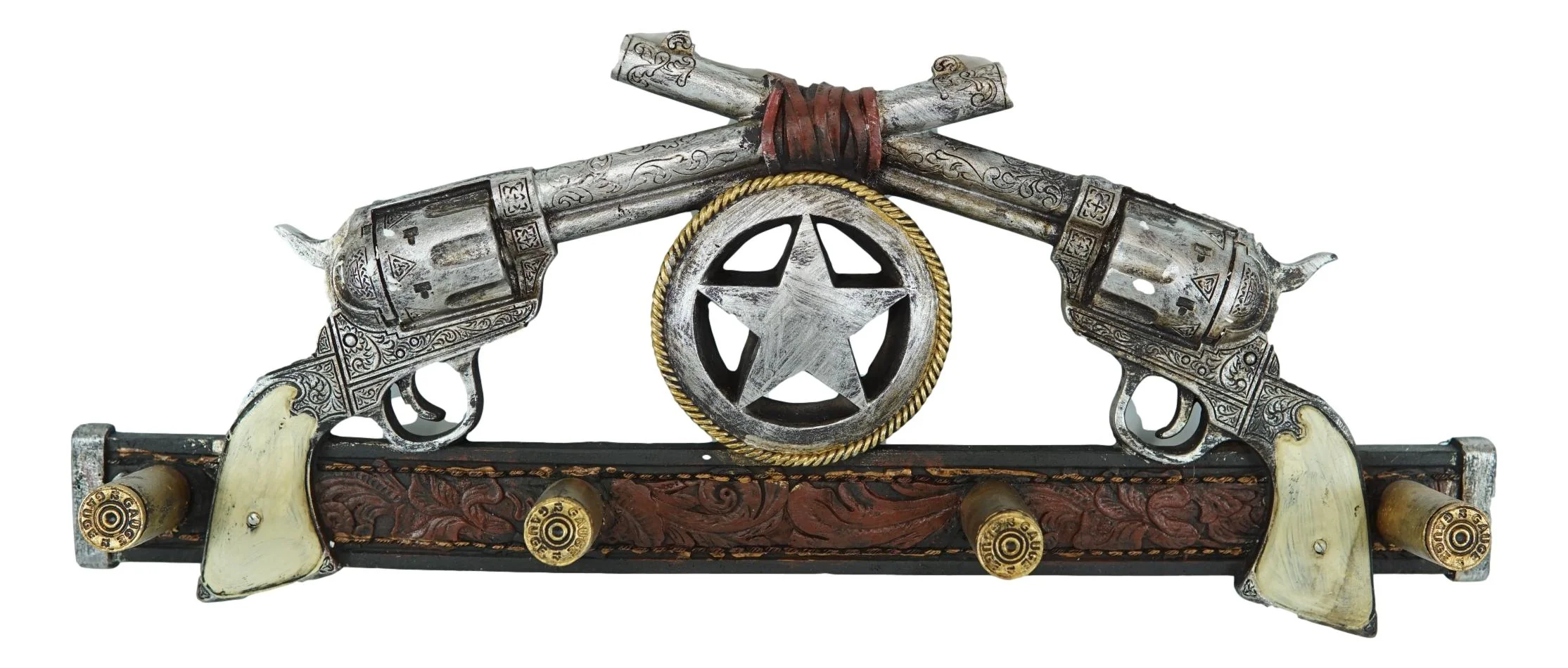 Western Cowboy Dual Revolver Guns With Western Star 4-Peg Coat Wall Hooks Decor - Image 2