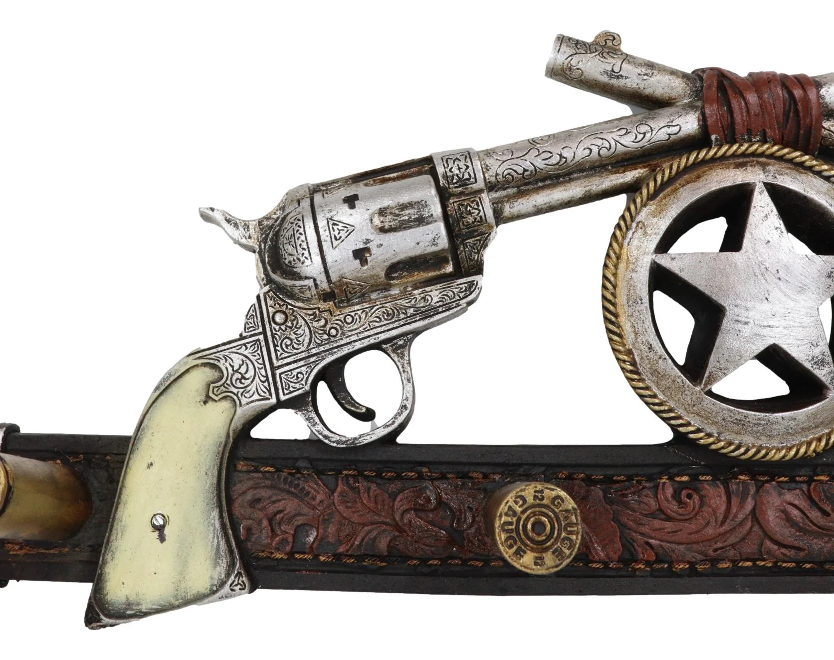 Western Cowboy Dual Revolver Guns With Western Star 4-Peg Coat Wall Hooks Decor - Image 8
