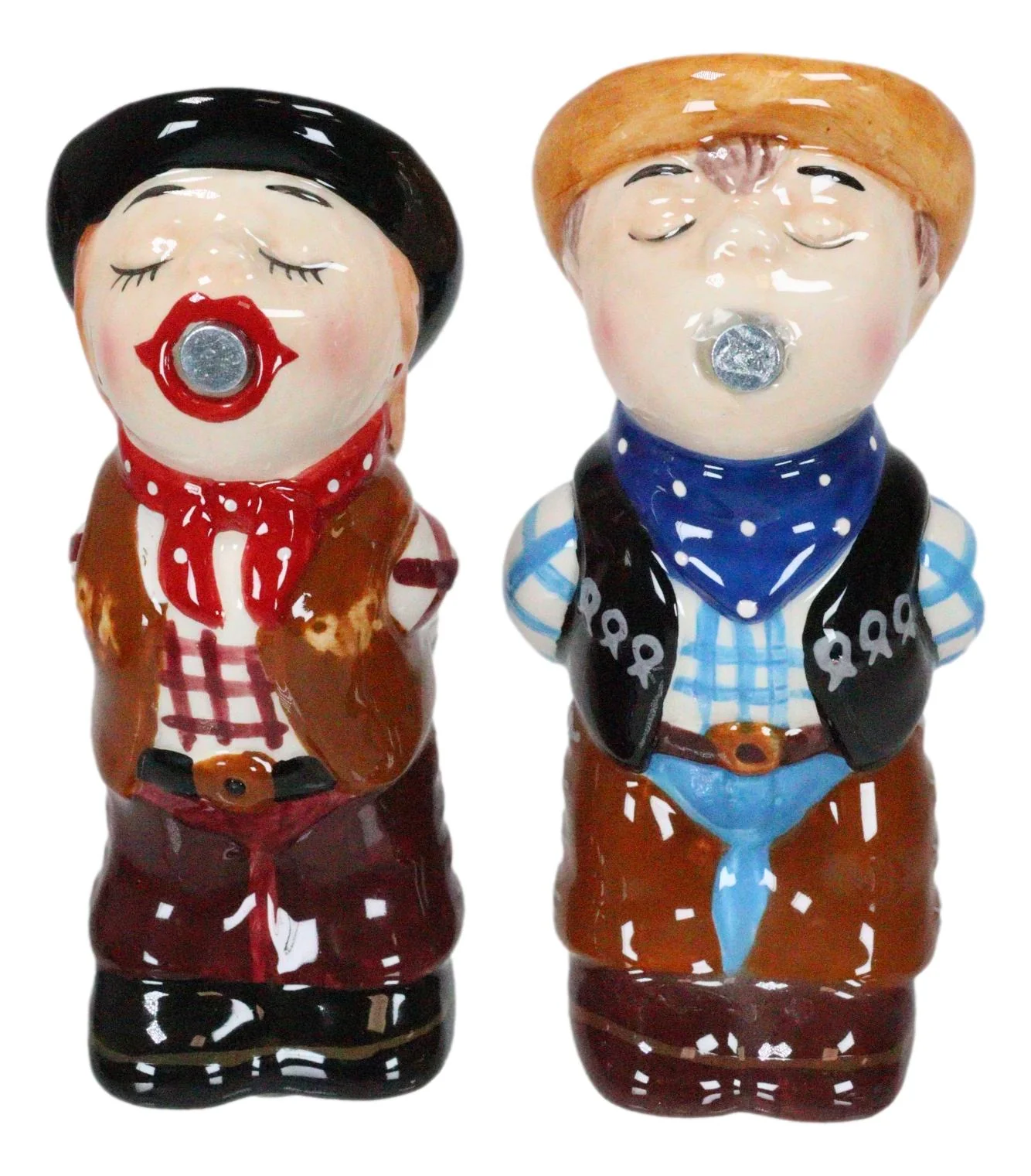 Western Cowboy Kissing Cowgirl Magnetic Ceramic Salt And Pepper Shakers Set - Image 2