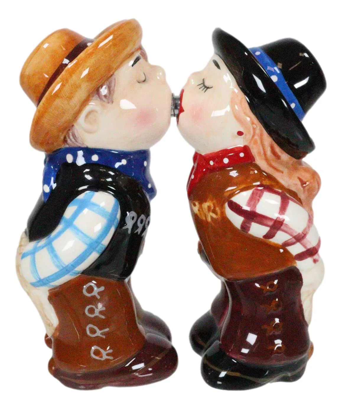 Western Cowboy Kissing Cowgirl Magnetic Ceramic Salt And Pepper Shakers Set - Image 3