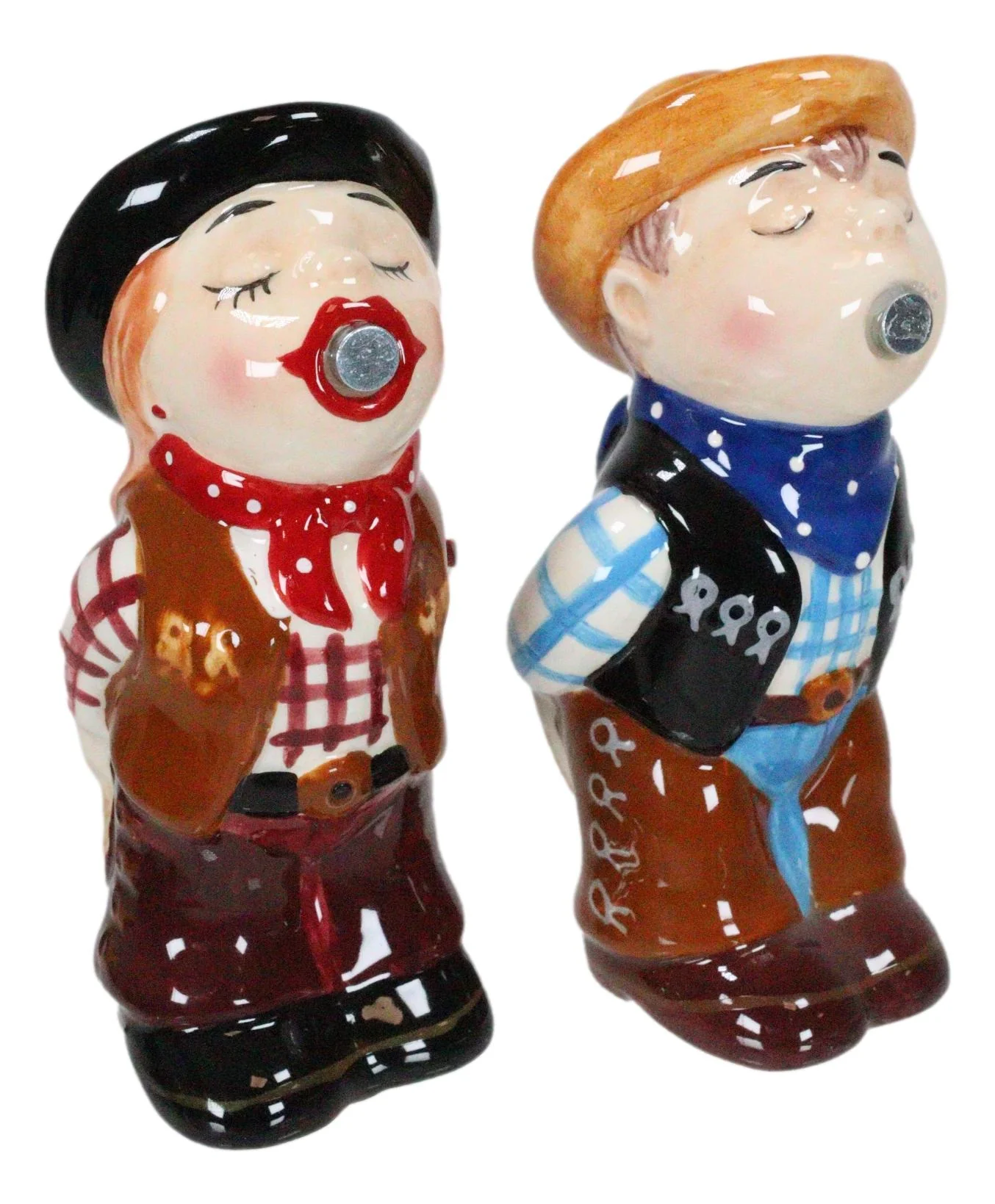 Western Cowboy Kissing Cowgirl Magnetic Ceramic Salt And Pepper Shakers Set - Image 6