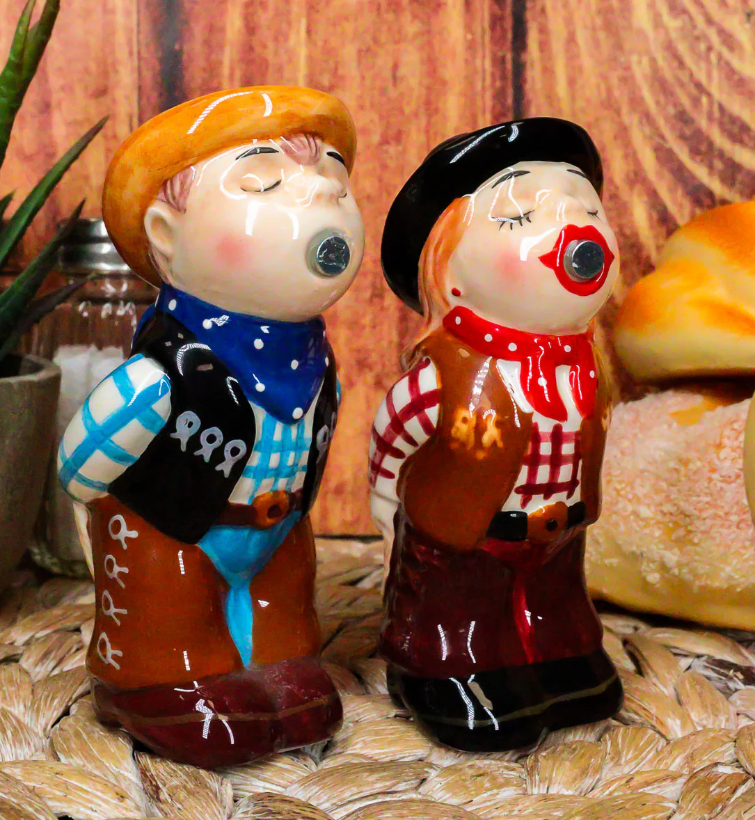 Western Cowboy Kissing Cowgirl Magnetic Ceramic Salt And Pepper Shakers Set - Image 7