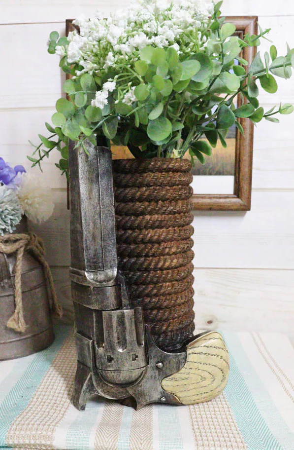Western Cowboy Pistol Revolver Gun With Braided Ropes Barrel Floral Vase Decor - Image 7