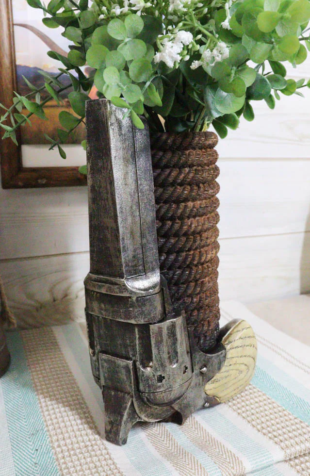 Western Cowboy Pistol Revolver Gun With Braided Ropes Barrel Floral Vase Decor - Image 8