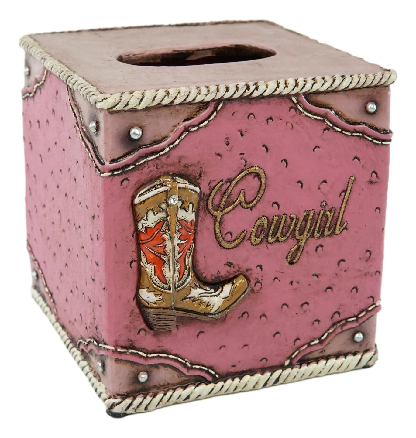 Western Cowgirl Boot with Horseshoe Fabulous Pink Tissue Box Cover Sculpture - Image 2