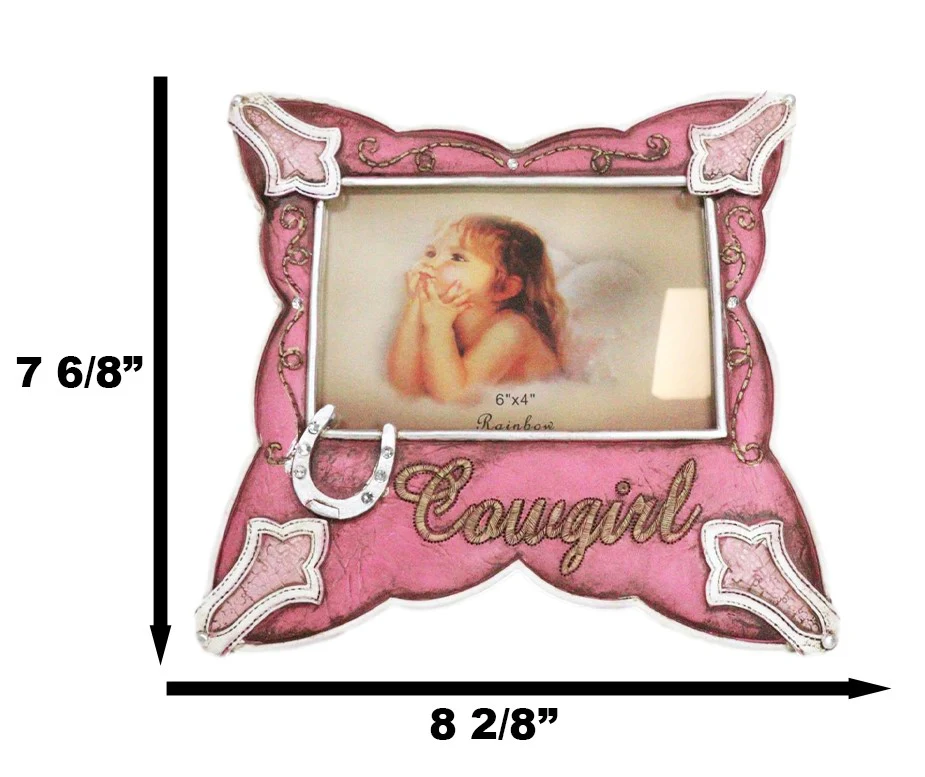 Western Cowgirl Pink Faux Leather Horseshoe Picture Frame Wall Or Easel 4"X6" - Image 2