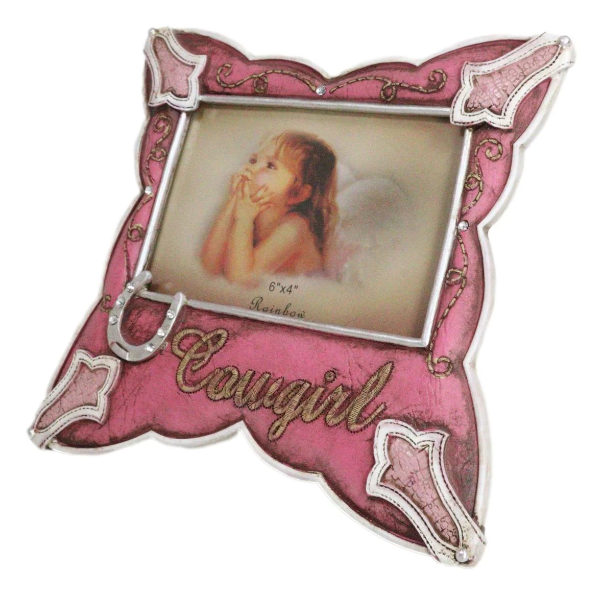 Western Cowgirl Pink Faux Leather Horseshoe Picture Frame Wall Or Easel 4"X6" - Image 5