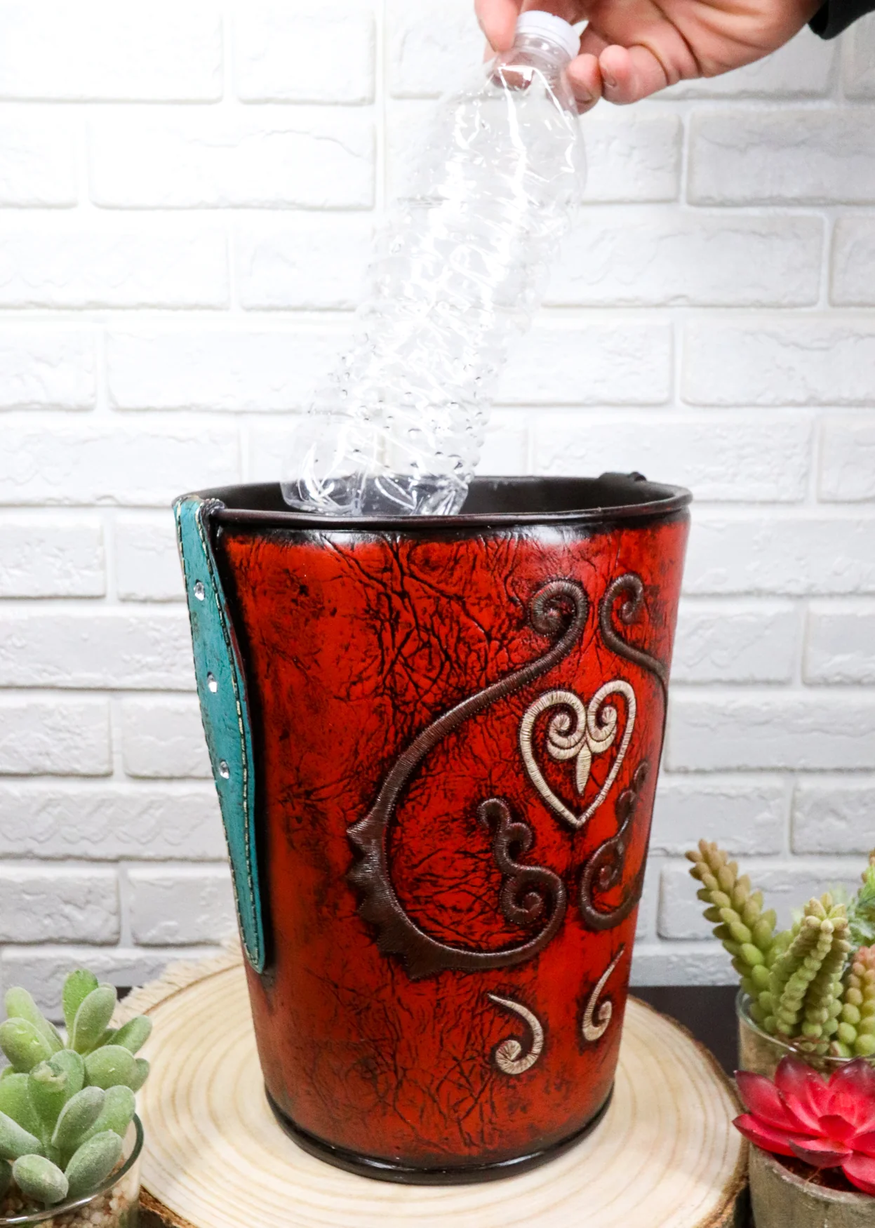 Western Cowgirl Red Valentines Love Heart Lace Scrollwork Waste Basket Trash Bin - Image 2