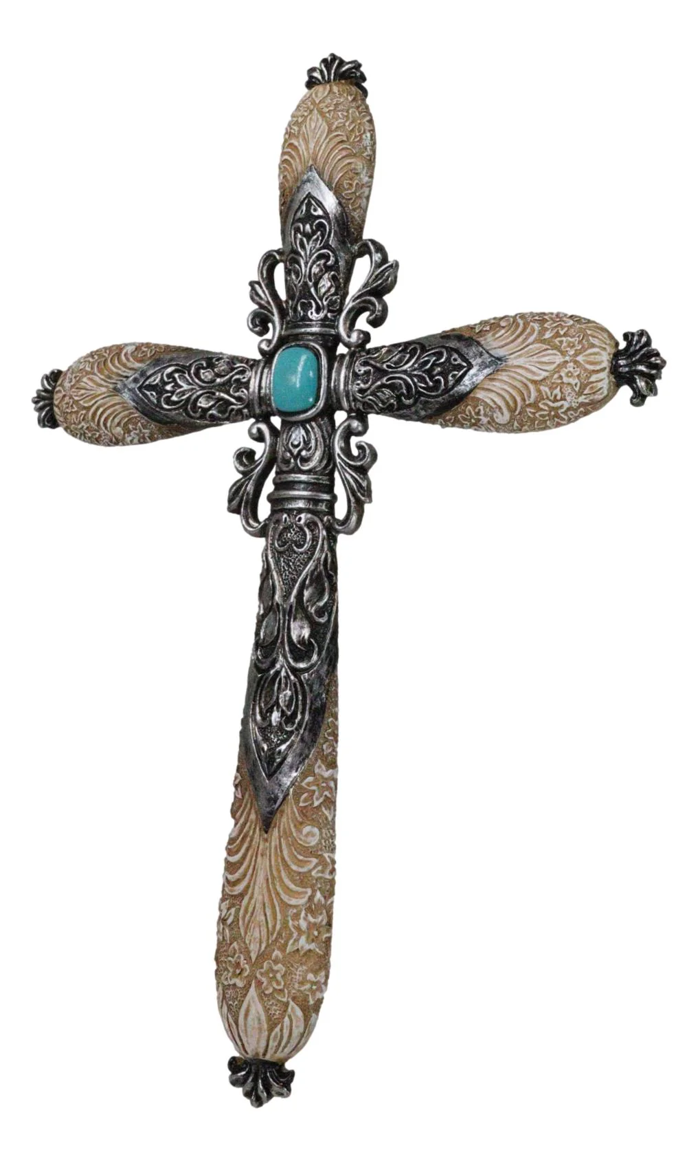 Western Fleur De Lis Floral Tooled Silver Scroll Filigree Turquoise Wall Cross - Image 3