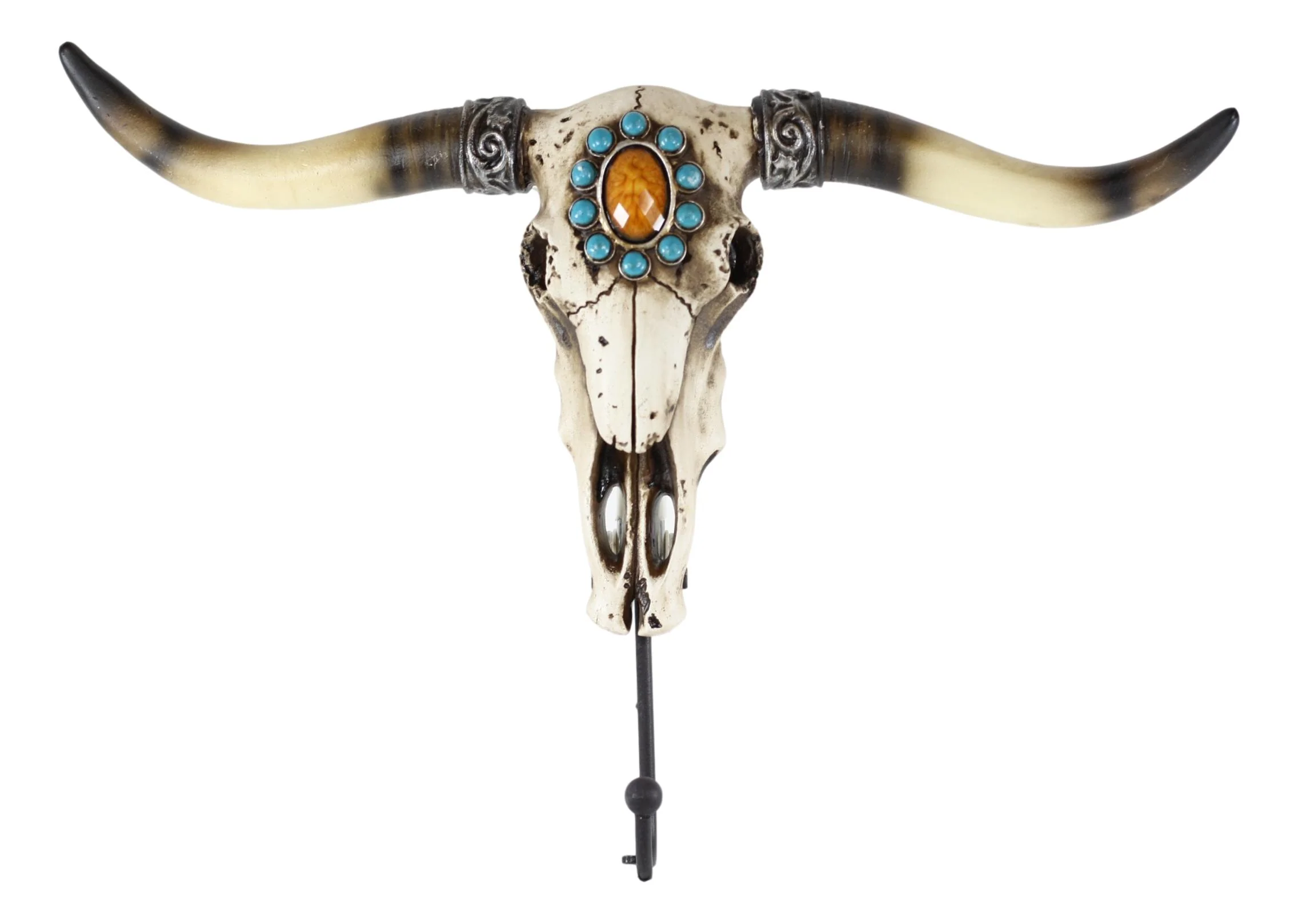 Western Indian Turquoise Sunstone Replica Bull Steer Cow Skull Wall Hook Decor - Image 2