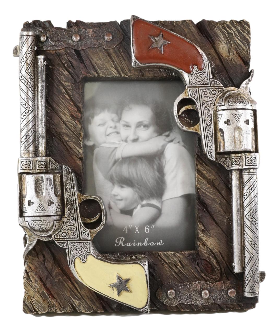 Western Outlaw Dual Pistol Revolvers Faux Barnwood Photo Picture Frame Decor 4X6 - Image 3