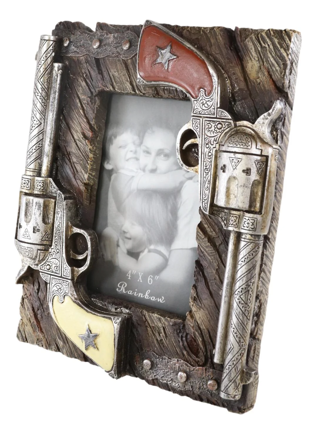 Western Outlaw Dual Pistol Revolvers Faux Barnwood Photo Picture Frame Decor 4X6 - Image 4