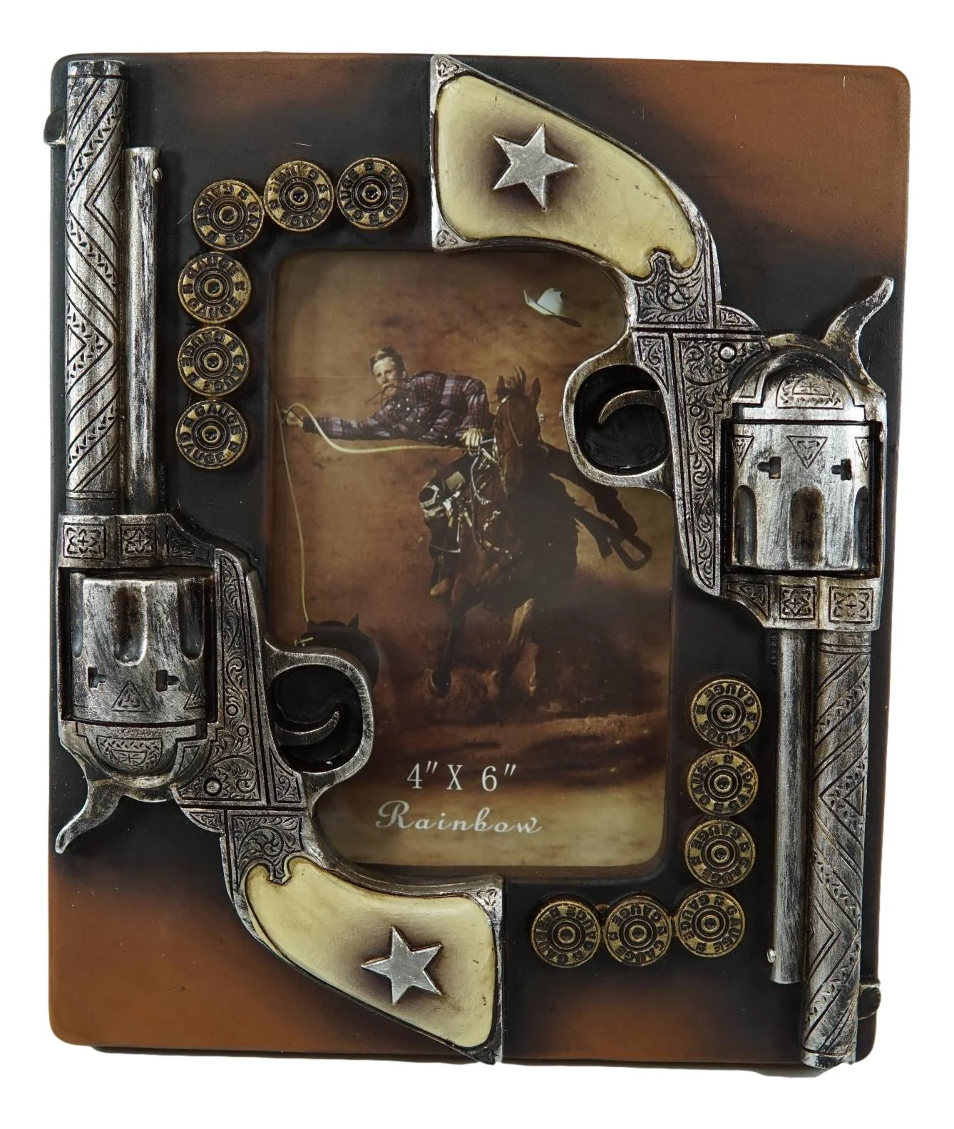 Western Outlaw Dual Pistol Revolvers With Ammo Bullets Photo Picture Frame Decor - Image 3