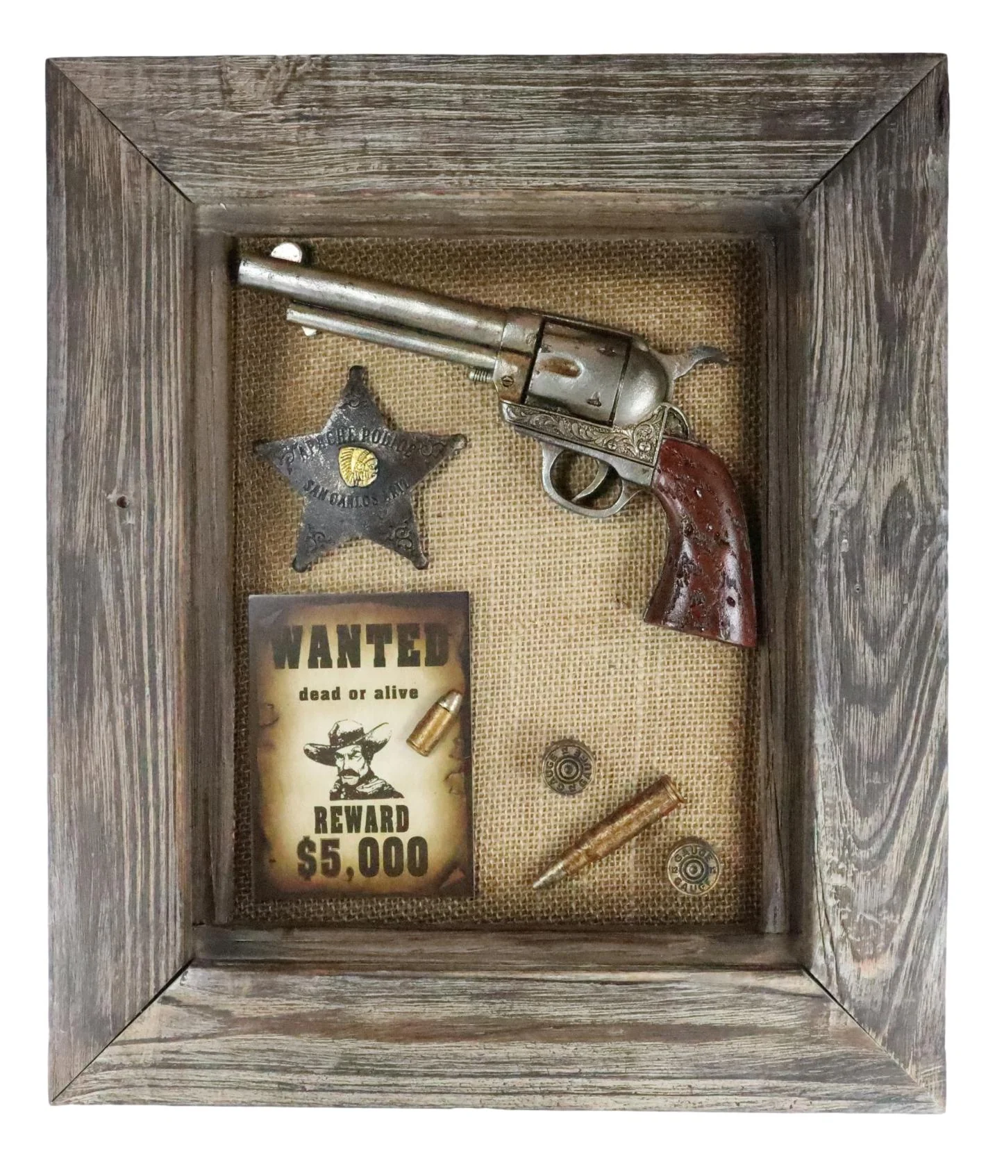 Western Outlaw Wanted Poster Pistol Gun Badge Bullets Wooden Frame Wall Decor - Image 5
