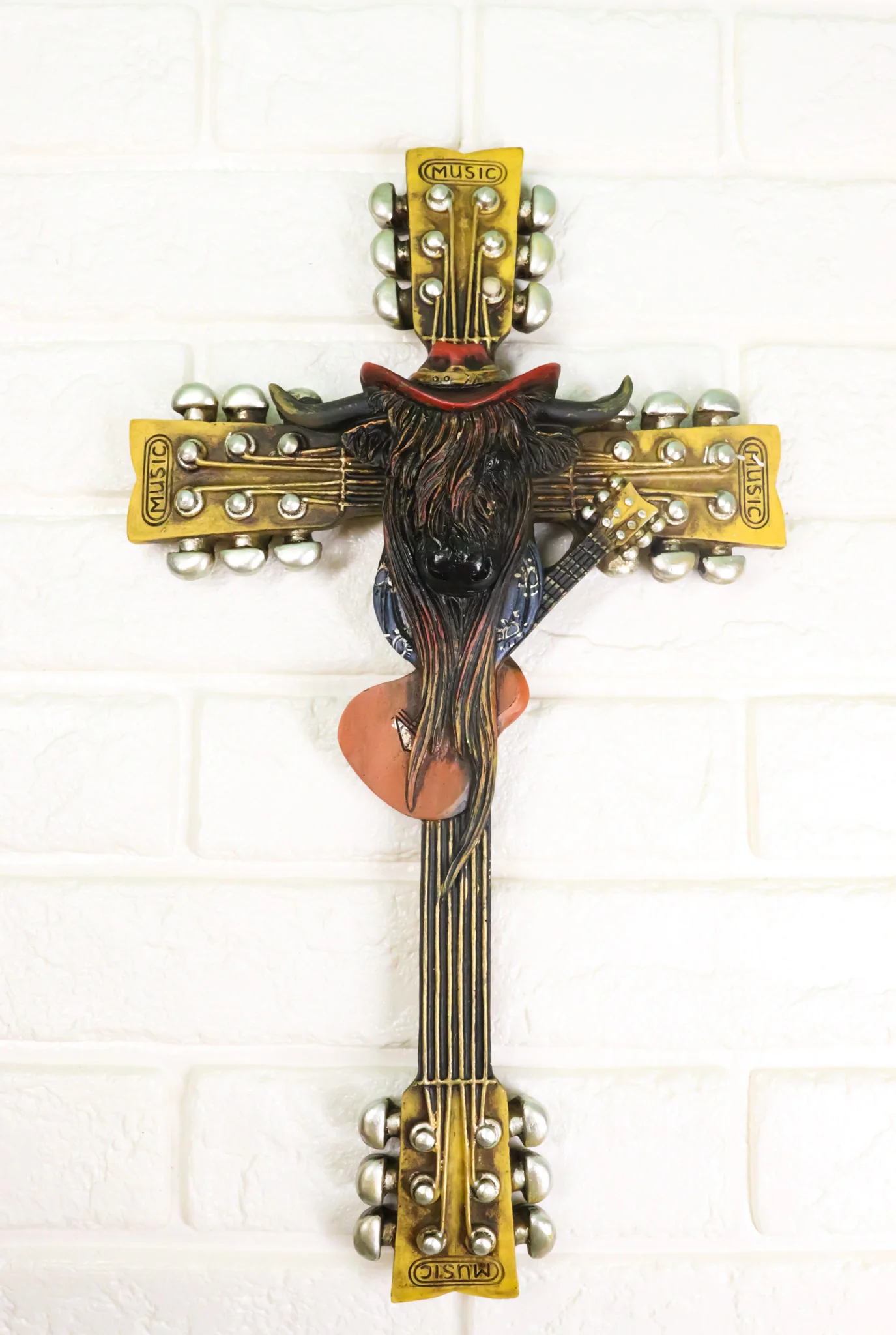Western Rock And Roll Music Guitars With Cowboy Highland Cow Wall Cross Plaque - Image 9