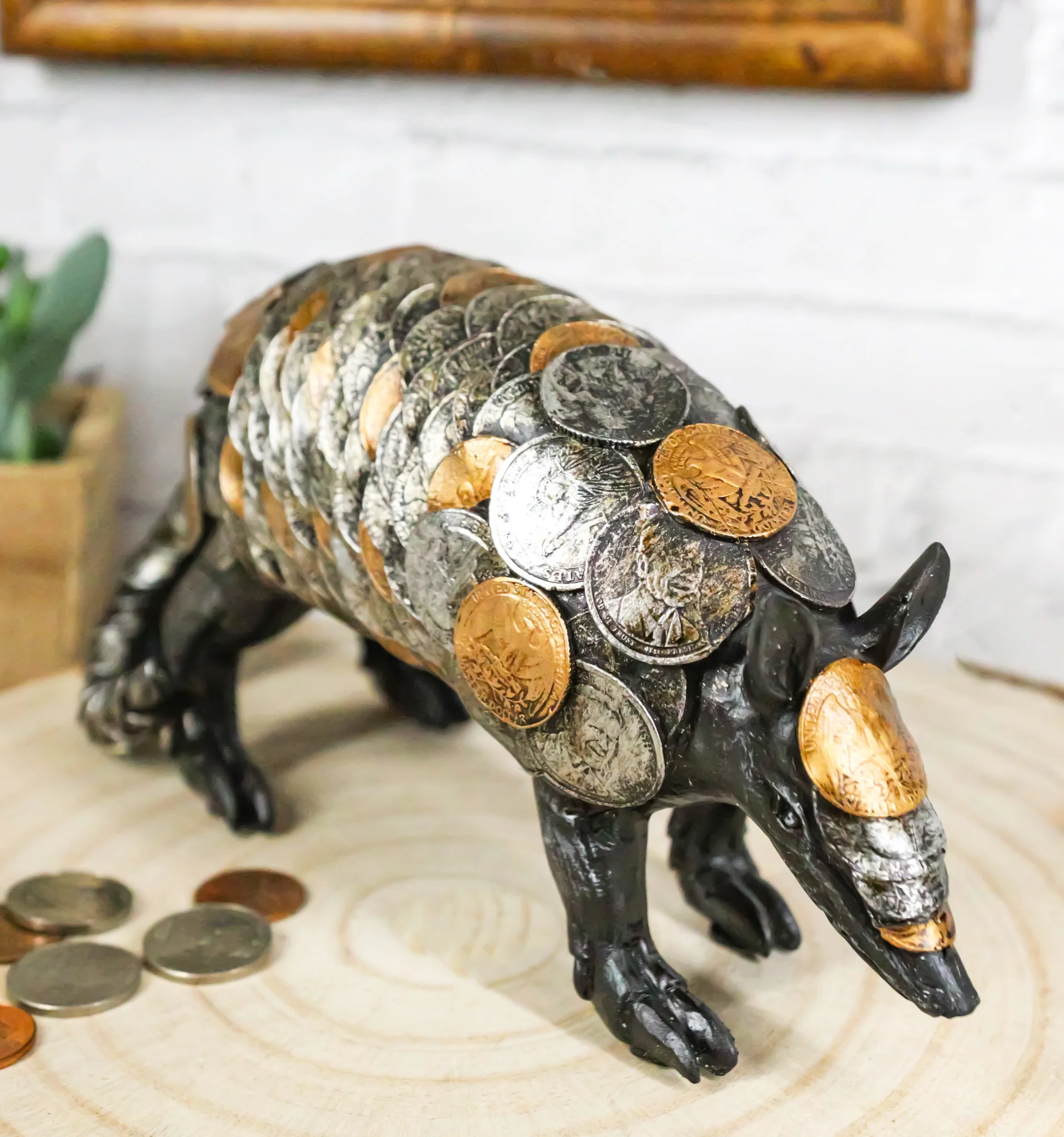 Western Rustic Armadillo With Engraved Coins Armor Money Savings Piggy Bank - Image 9