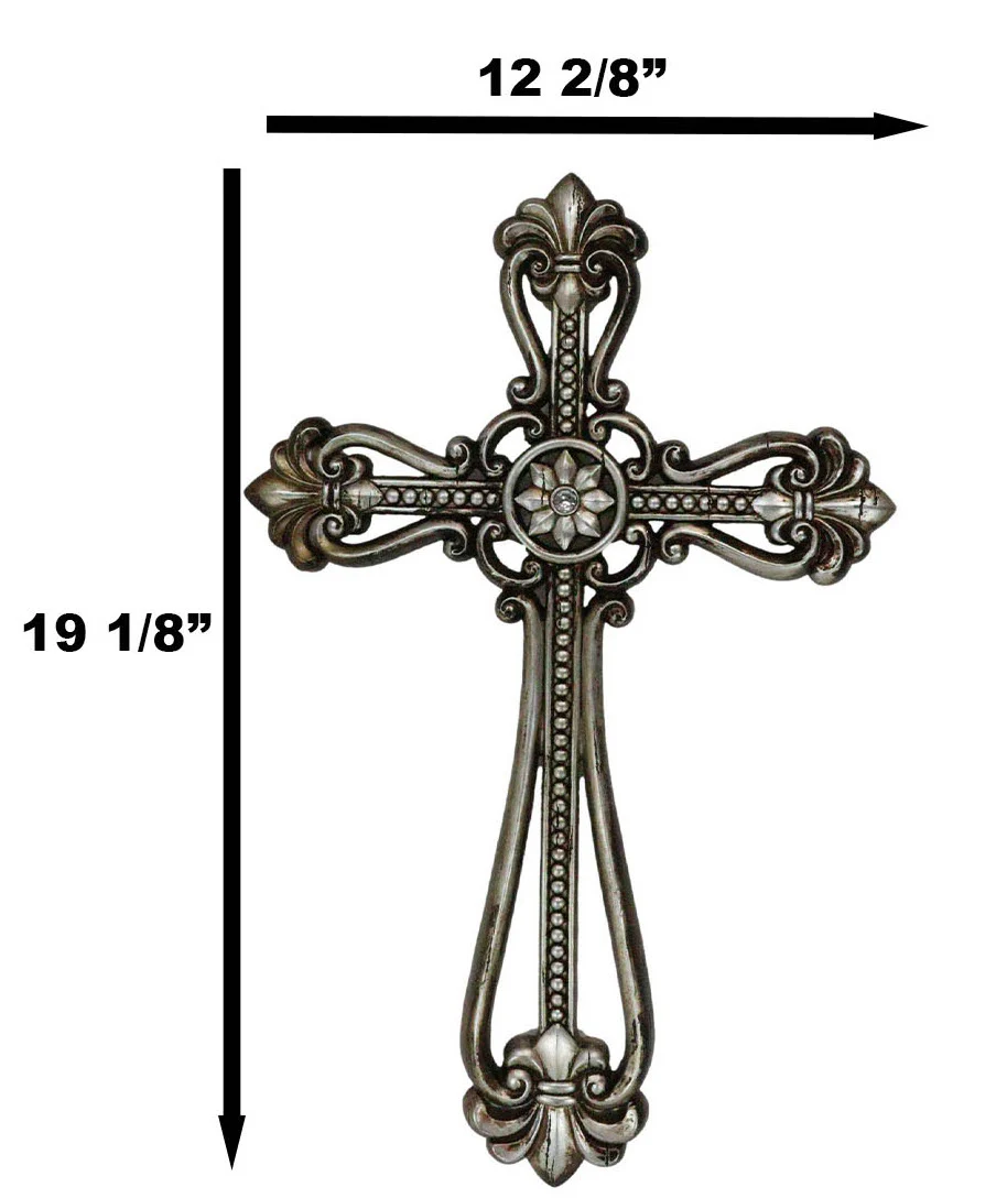 Western Rustic Silver Tuscany Scrollwork Fleur De Lis Decorative Wall Cross - Image 2