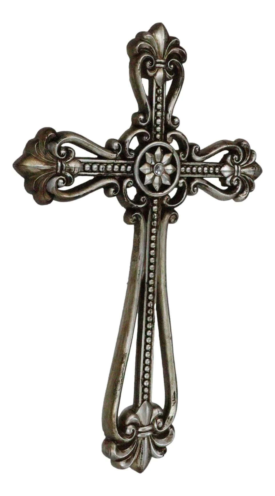 Western Rustic Silver Tuscany Scrollwork Fleur De Lis Decorative Wall Cross - Image 3