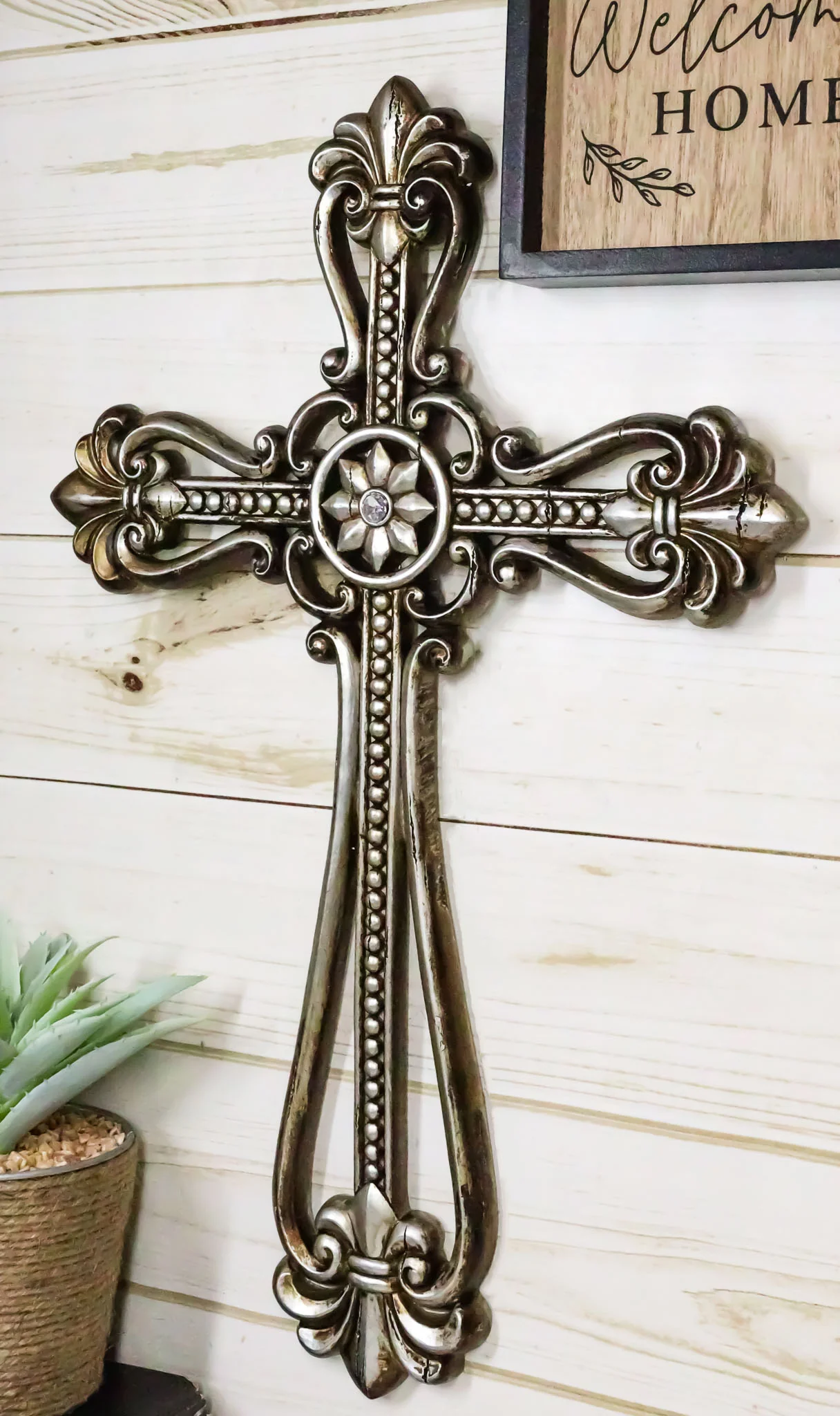 Western Rustic Silver Tuscany Scrollwork Fleur De Lis Decorative Wall Cross - Image 9