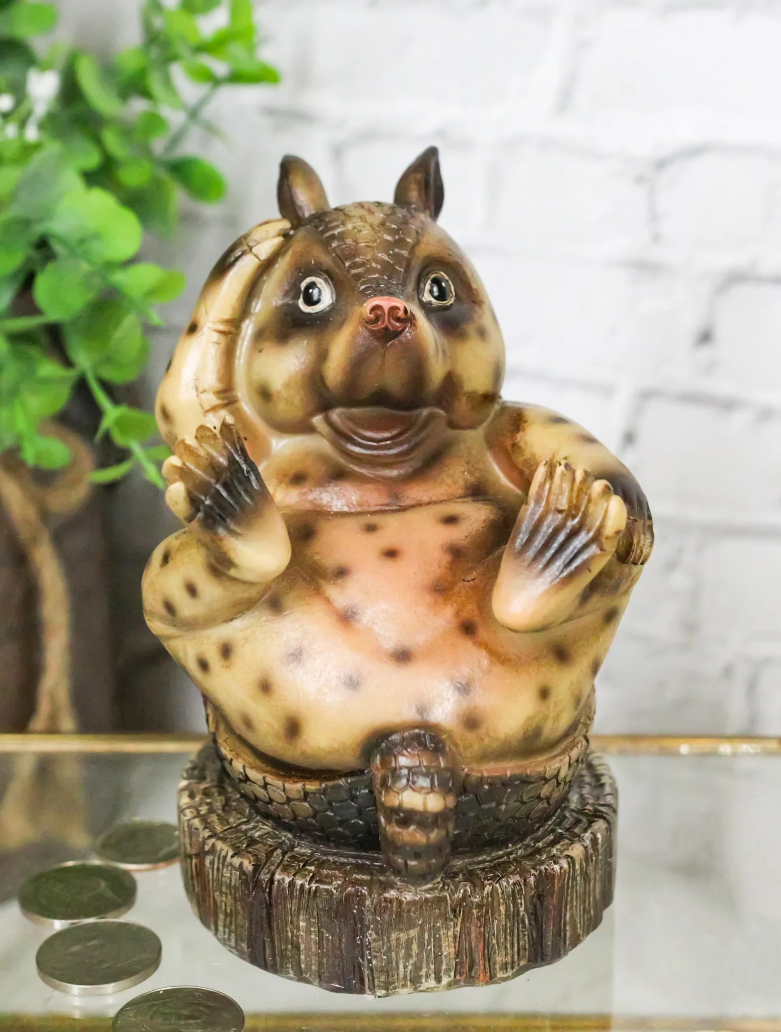Western Rustic Texas Comical Baby Armadillo On Tree Money Coin Bank Figurine - Image 8