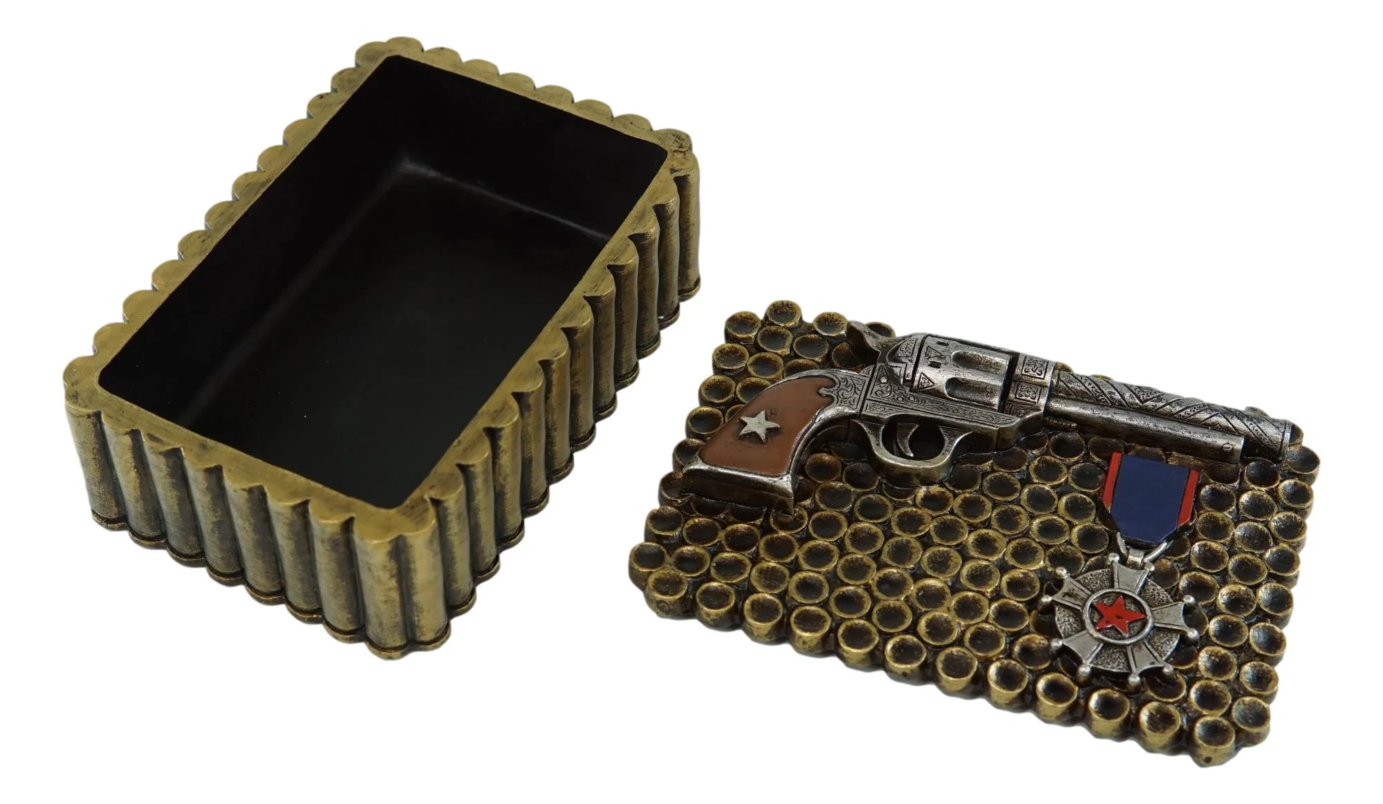 Western Six Shooter Pistol Ammo Shells Gold Tone Bullets Decorative Box 7"L - Image 2