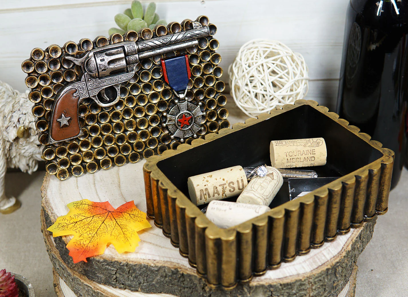Western Six Shooter Pistol Ammo Shells Gold Tone Bullets Decorative Box 7"L - Image 3