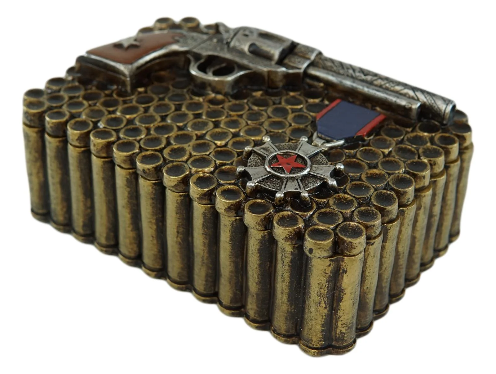 Western Six Shooter Pistol Ammo Shells Gold Tone Bullets Decorative Box 7"L - Image 4