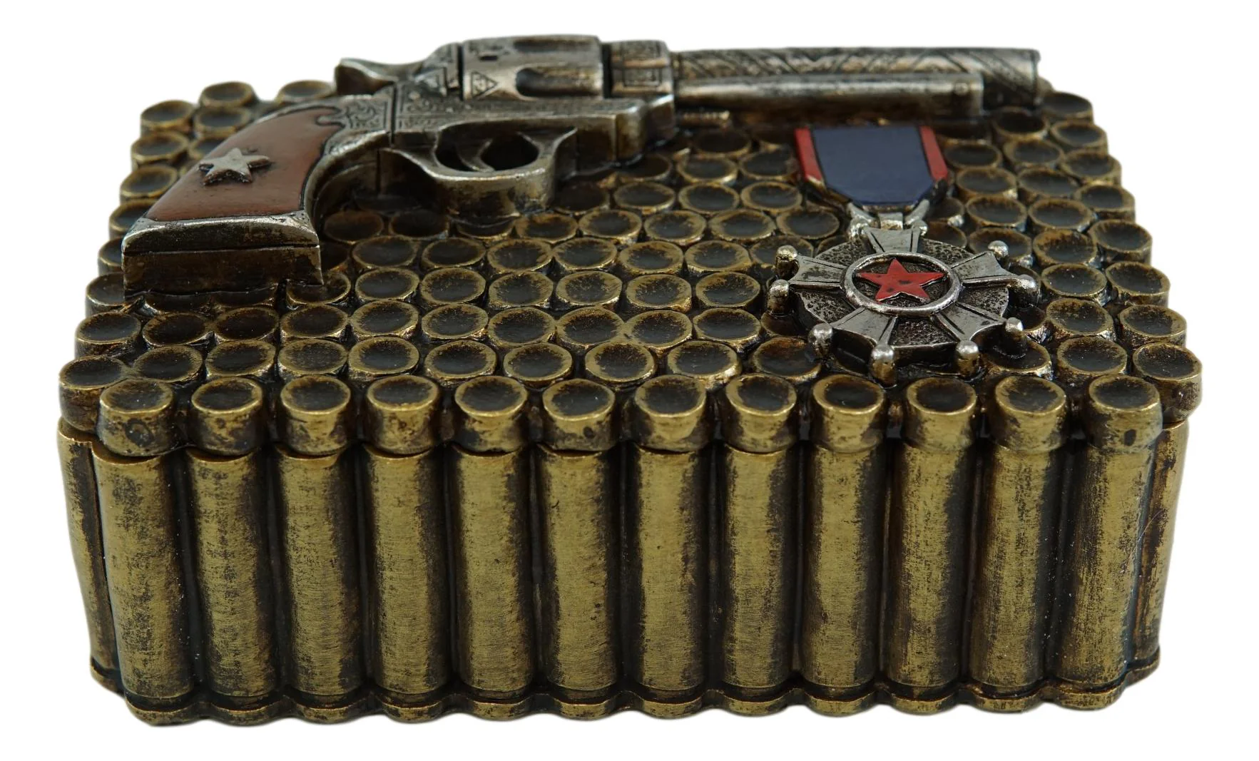 Western Six Shooter Pistol Ammo Shells Gold Tone Bullets Decorative Box 7"L - Image 5