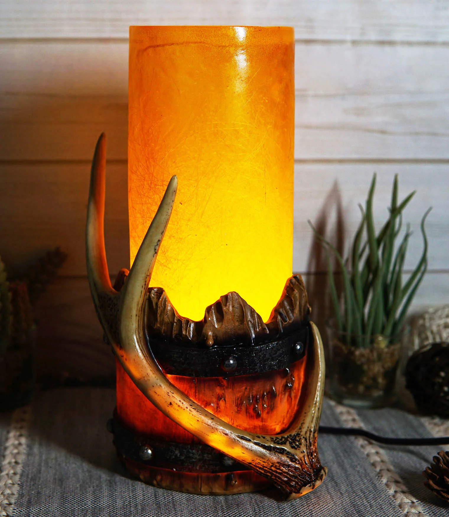 Western Stag Deer Antler With Country Barrel Hurricane Night Light Figurine - Image 2